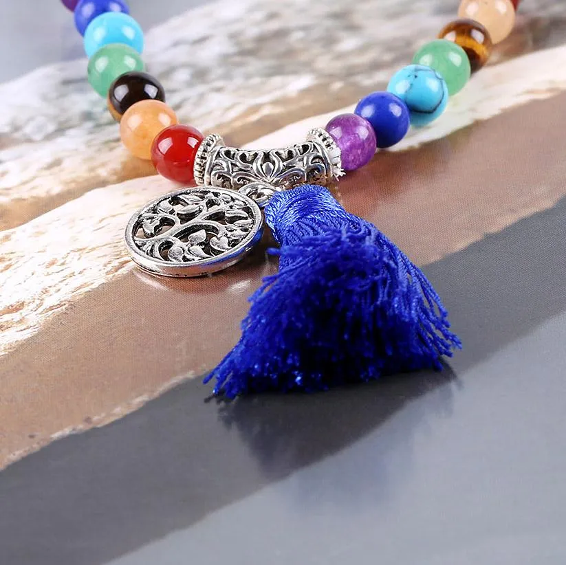 Tree of Life 7 Chakra Lapis Lazuli 108 Mala Beads Bracelet