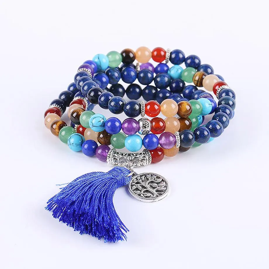 Tree of Life 7 Chakra Lapis Lazuli 108 Mala Beads Bracelet