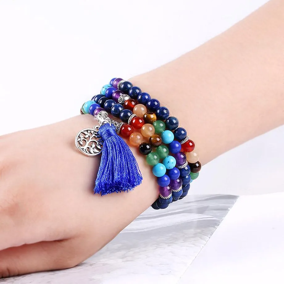 Tree of Life 7 Chakra Lapis Lazuli 108 Mala Beads Bracelet