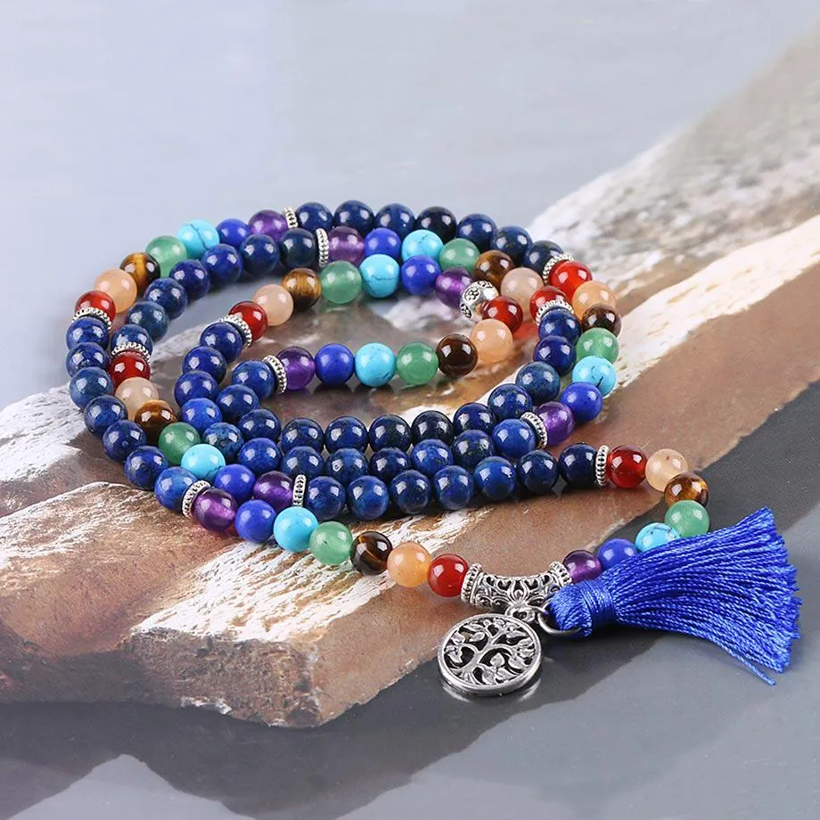 Tree of Life 7 Chakra Lapis Lazuli 108 Mala Beads Bracelet