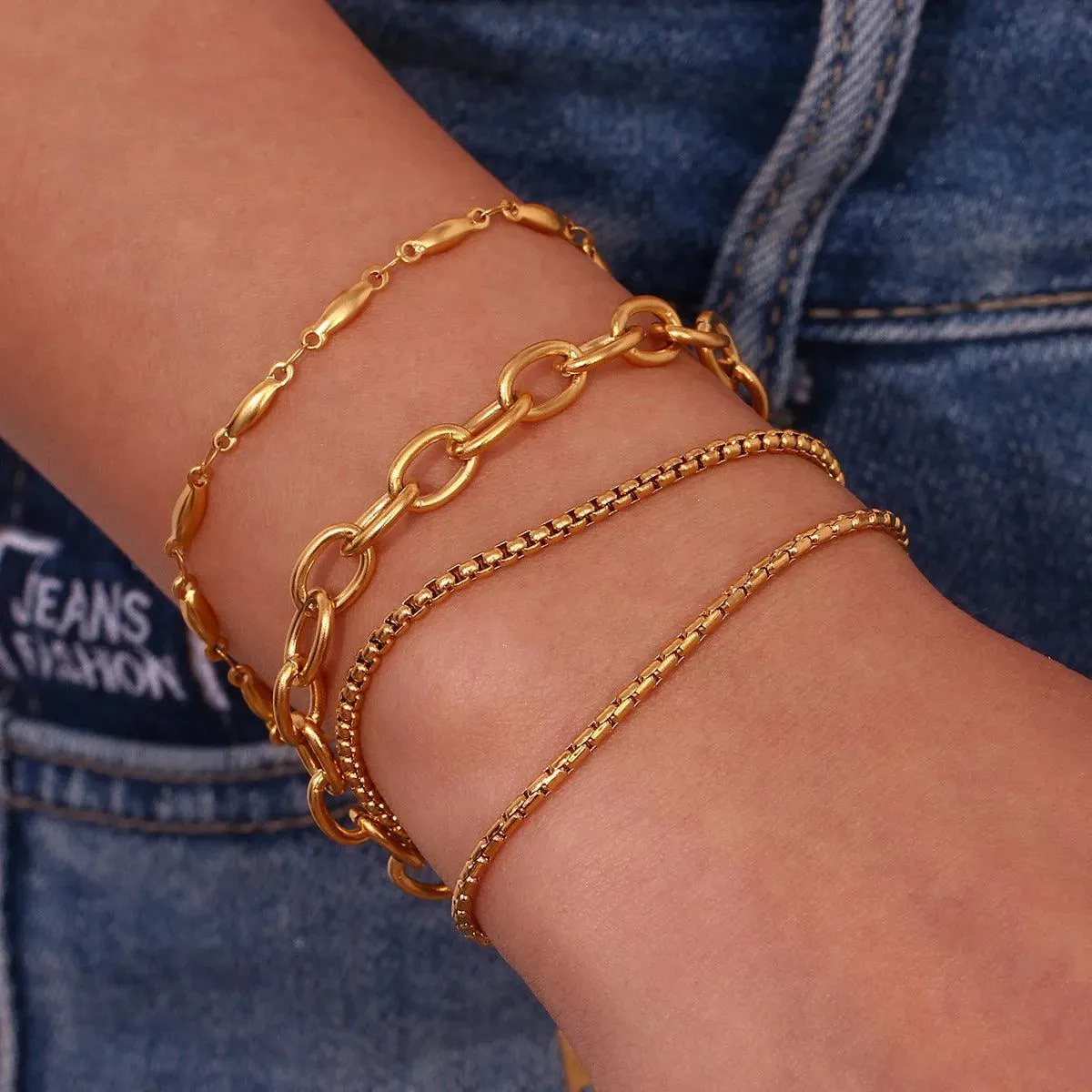 Trendy Gold Chain Bracelet Set - Unisex Stainless Steel Layering Bracelets