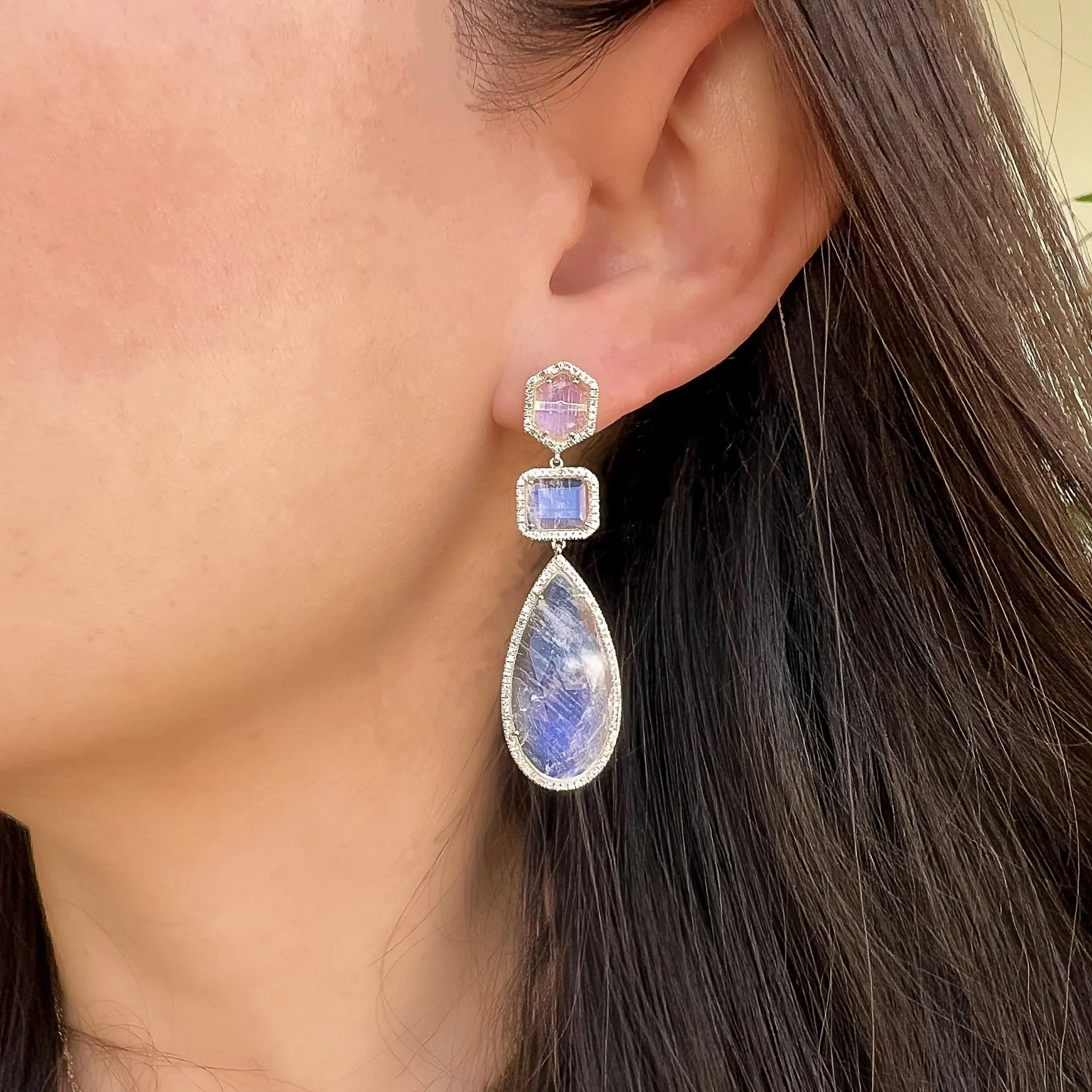 Triple Rainbow Moonstone Post Earrings