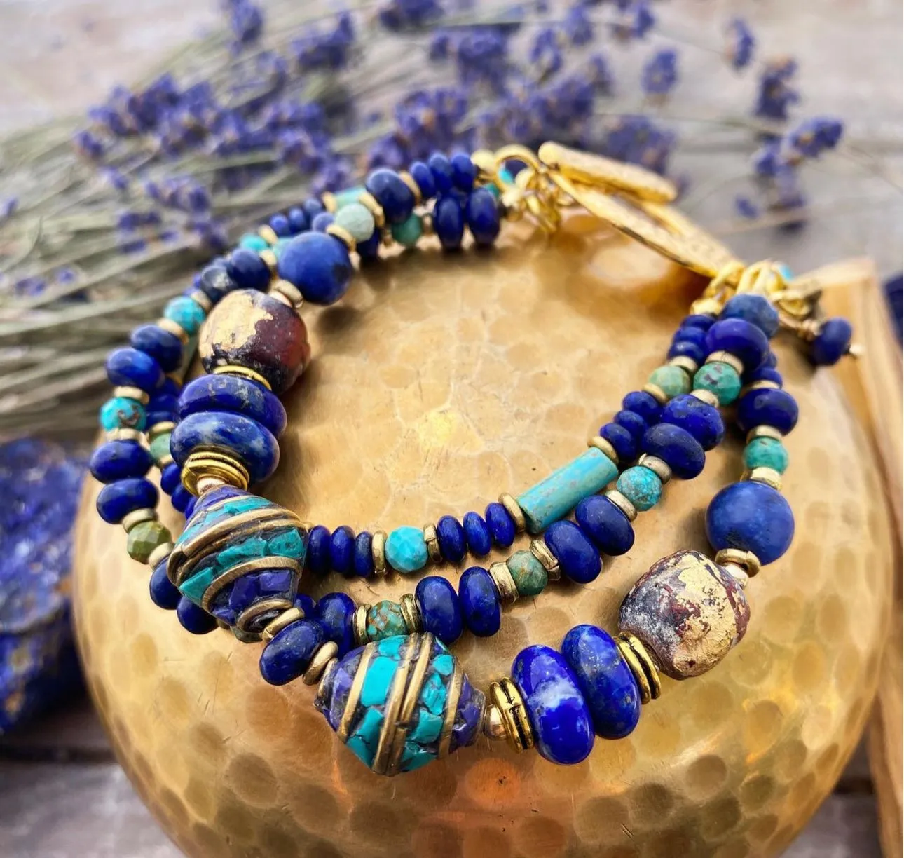 Turquoise stone, lapis lazuli stone, nepal beads, Czech glass, brass metal bracelet.