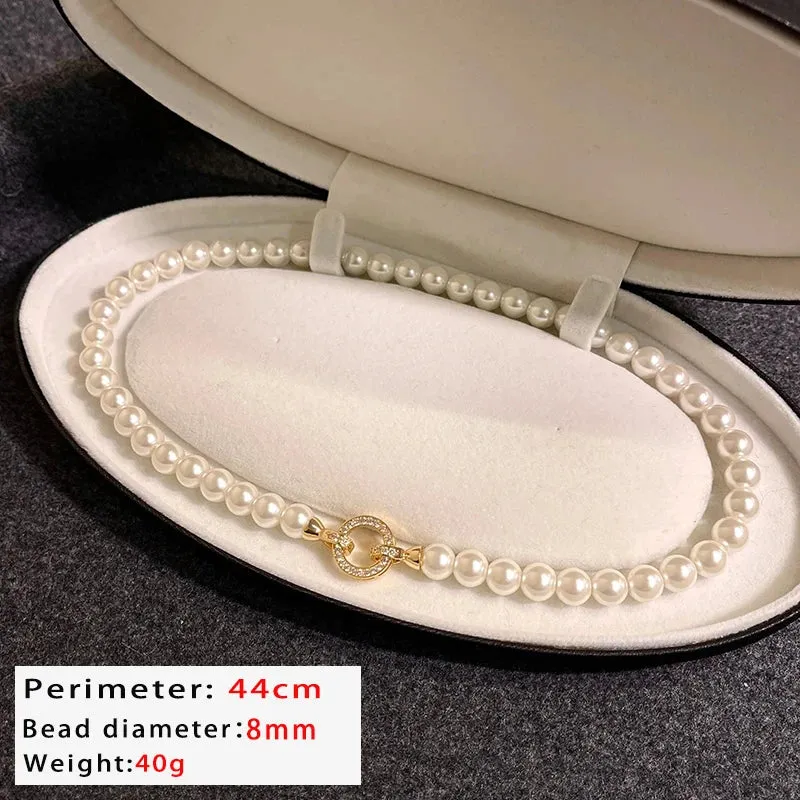 VAIGE Elegant Pearl Beaded Necklace with Zircon Round Buckle - Classic Fashion Pendant Jewelry for Special Occasions