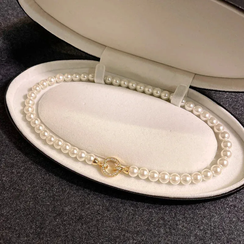 VAIGE Elegant Pearl Beaded Necklace with Zircon Round Buckle - Classic Fashion Pendant Jewelry for Special Occasions