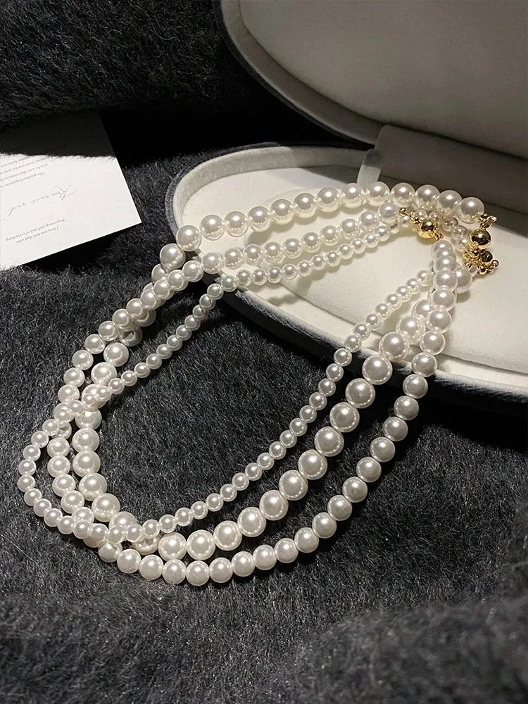 VAIGE Elegant White Pearl Magnetic Choker Necklace with Beaded Chain