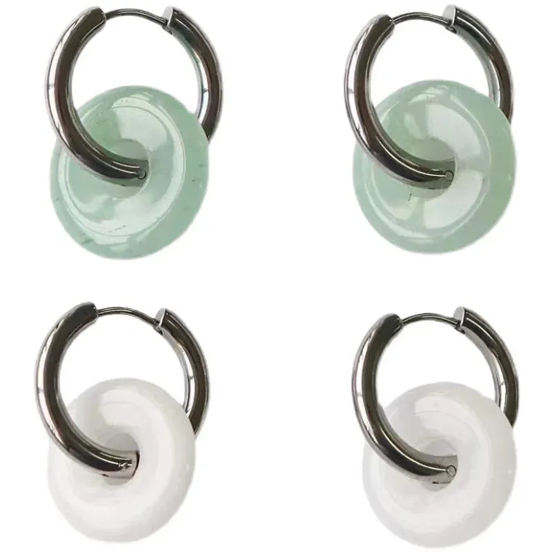 VAIGE Unique Green Jade Round Stainless Steel Hoop Earrings - Vintage Elegant Statement Jewelry, 8CM Size