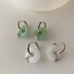 VAIGE Unique Green Jade Round Stainless Steel Hoop Earrings - Vintage Elegant Statement Jewelry, 8CM Size