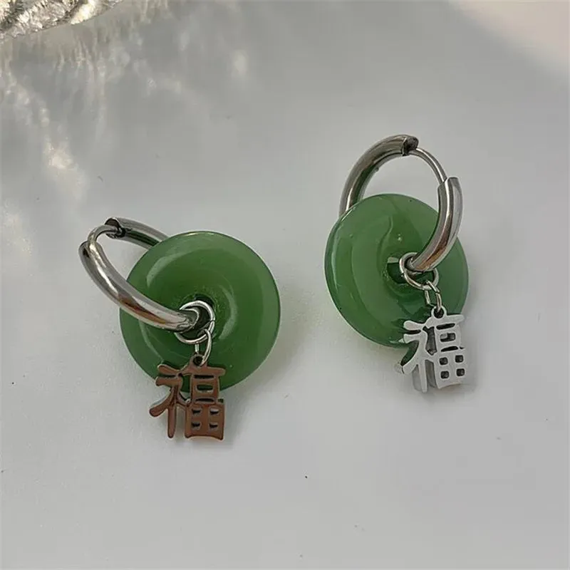 VAIGE Unique Green Jade Round Stainless Steel Hoop Earrings - Vintage Elegant Statement Jewelry, 8CM Size