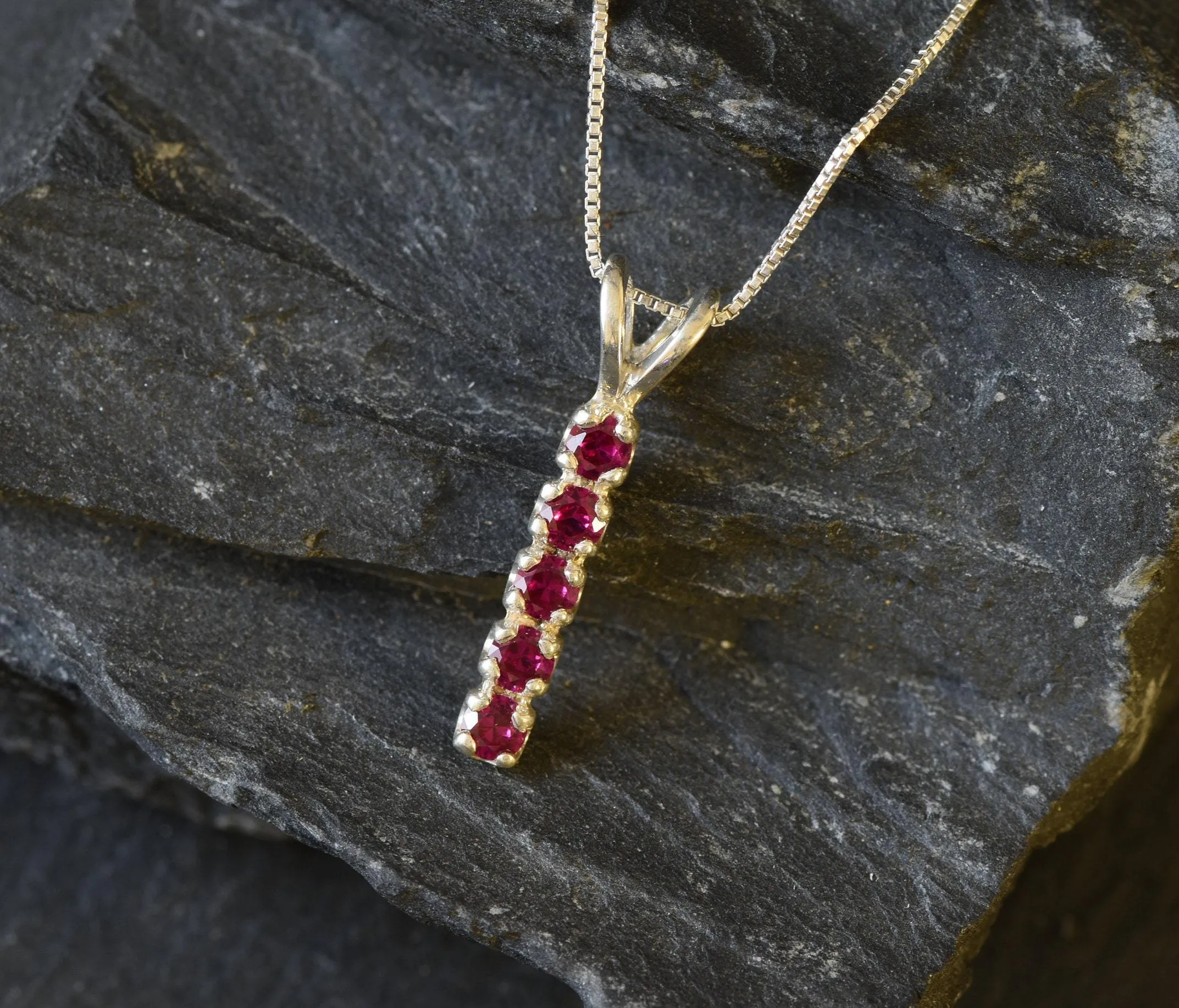 Vertical Ruby Necklace -Silver Ruby Necklace - Red Ruby Pendant