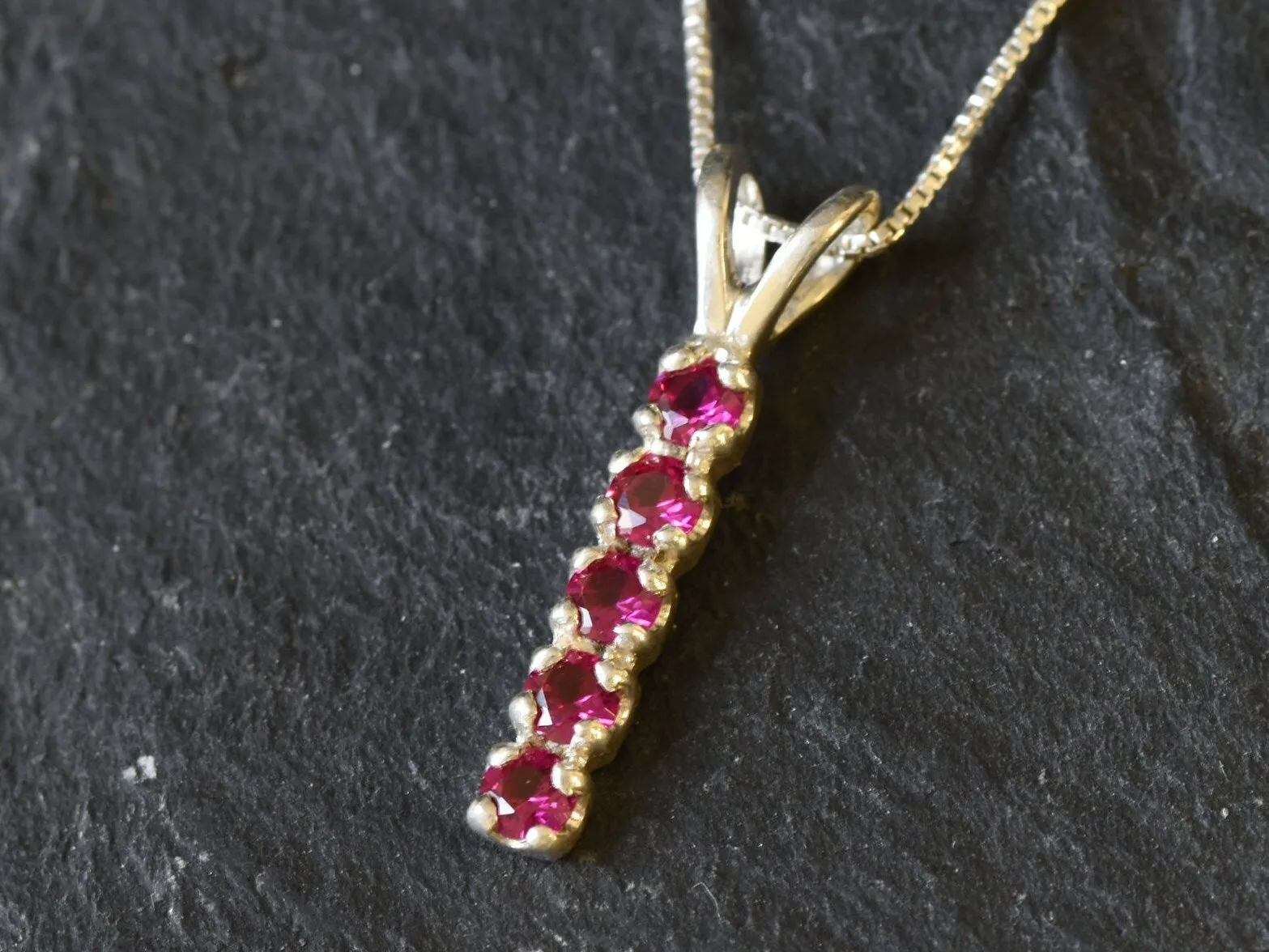 Vertical Ruby Necklace -Silver Ruby Necklace - Red Ruby Pendant