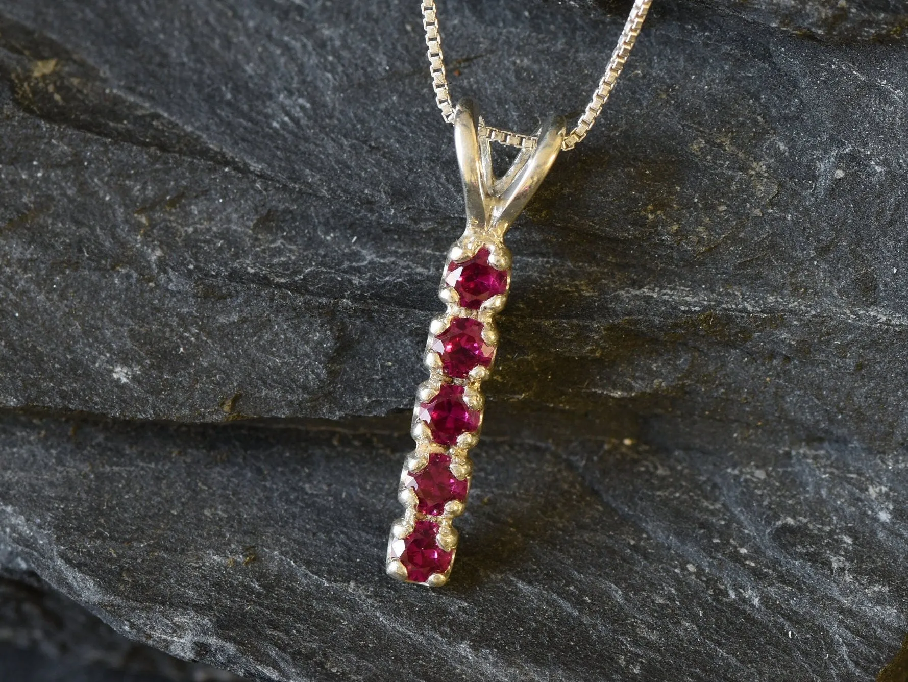 Vertical Ruby Necklace -Silver Ruby Necklace - Red Ruby Pendant