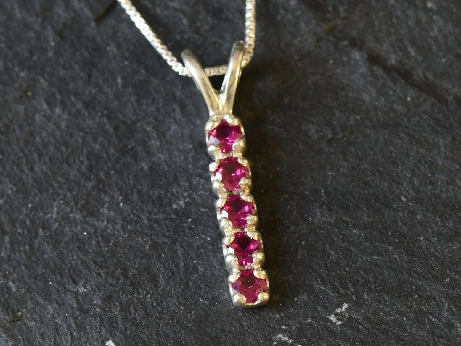 Vertical Ruby Necklace -Silver Ruby Necklace - Red Ruby Pendant