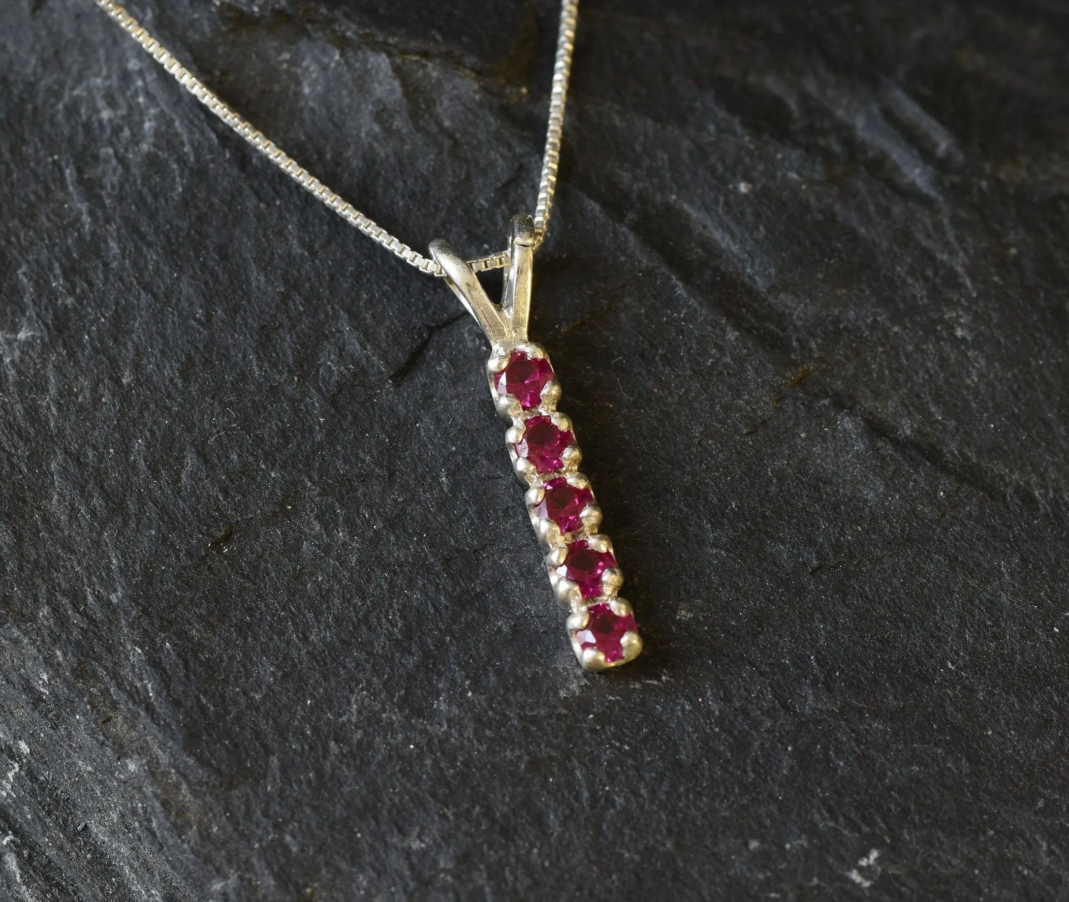 Vertical Ruby Necklace -Silver Ruby Necklace - Red Ruby Pendant