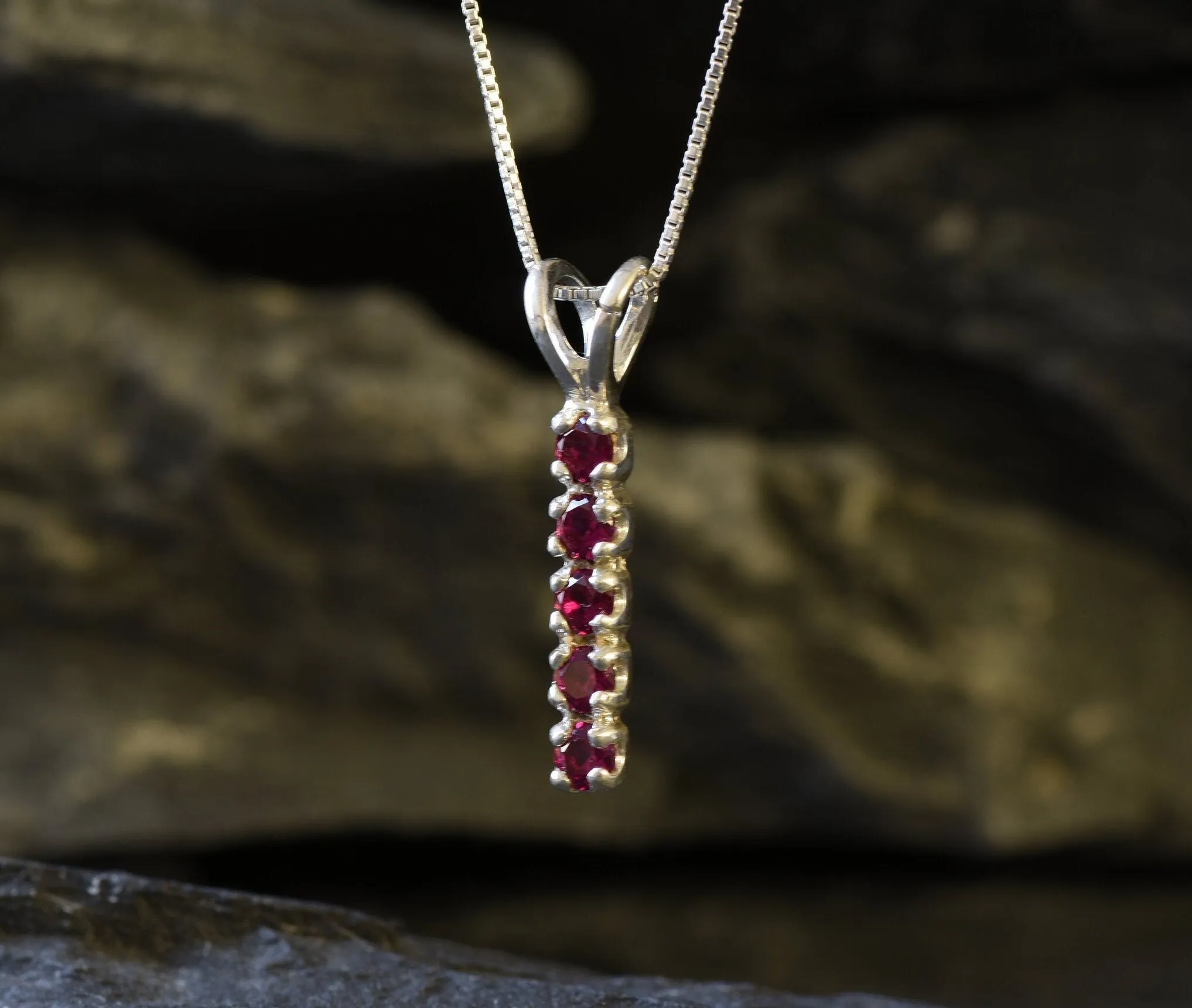 Vertical Ruby Necklace -Silver Ruby Necklace - Red Ruby Pendant