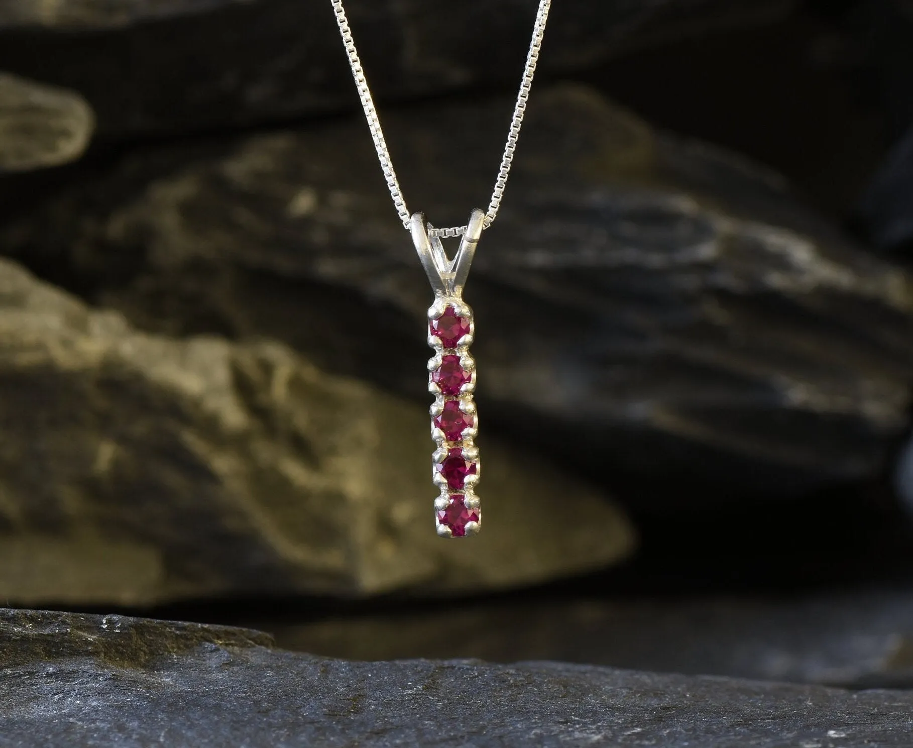 Vertical Ruby Necklace -Silver Ruby Necklace - Red Ruby Pendant