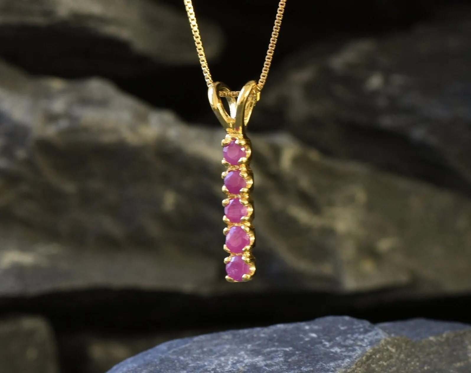 Vertical Ruby Pendant - Natural Ruby Necklace, Gold Ruby Necklace