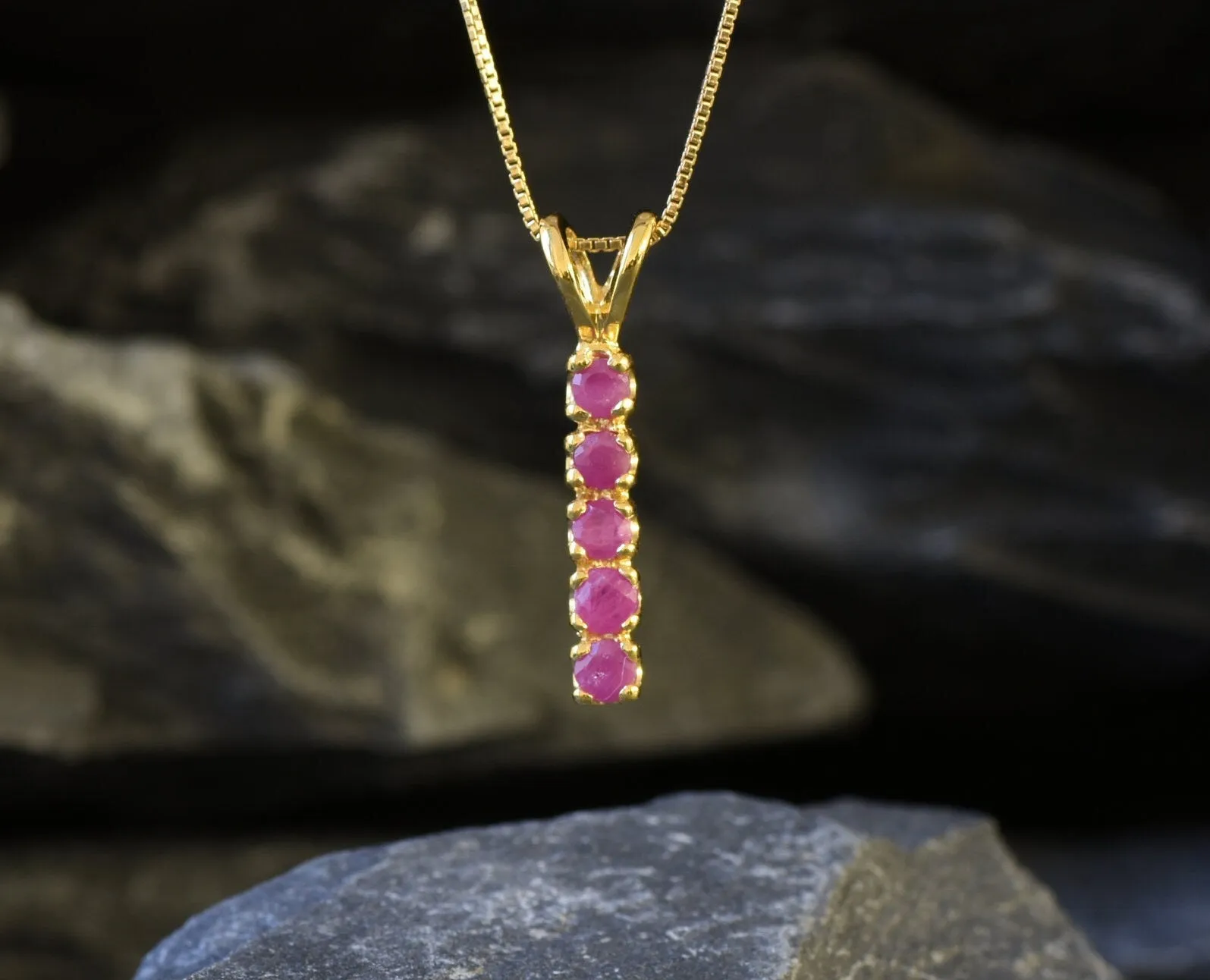 Vertical Ruby Pendant - Natural Ruby Necklace, Gold Ruby Necklace