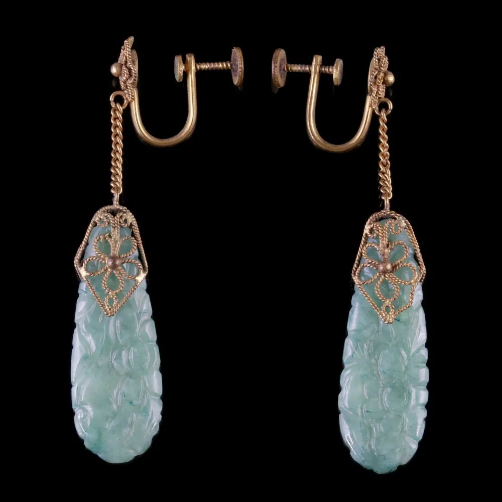 Victorian Jade Drop Earrings 18Ct Gold On Silver