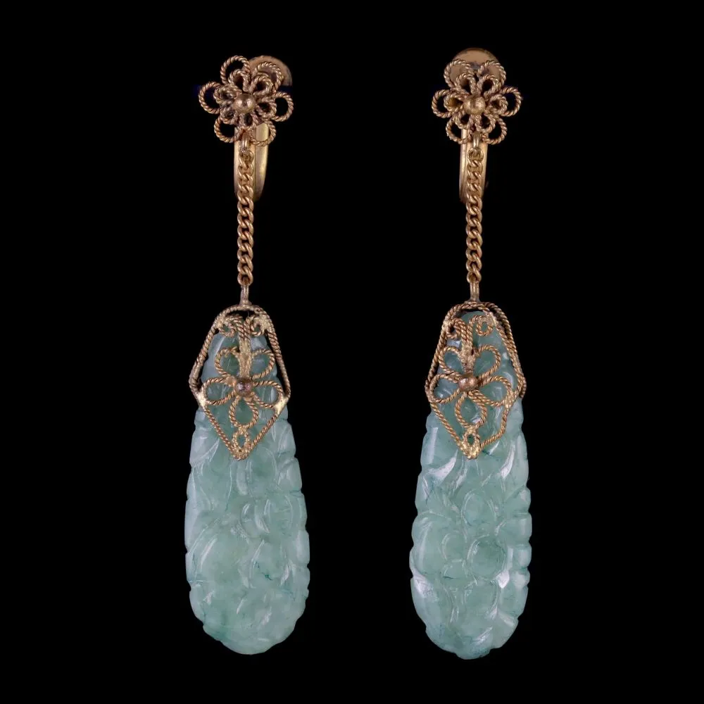 Victorian Jade Drop Earrings 18Ct Gold On Silver