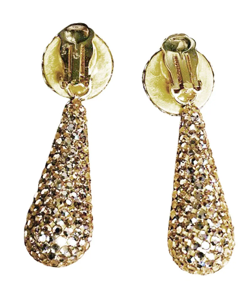 VINTAGE 1970s RICHARD KERR SPARKLING GOLD CRYSTAL DANGLING TEARDROP CLIP ON EARRINGS