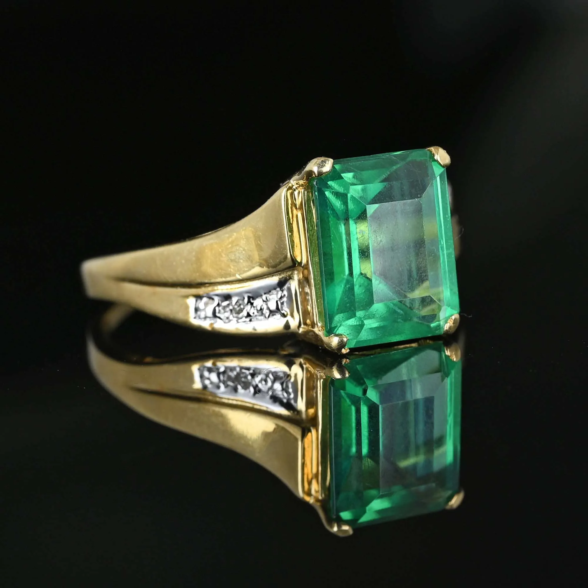 Vintage 3.25 Carat Step Cut Emerald Diamond Accent Ring in Gold