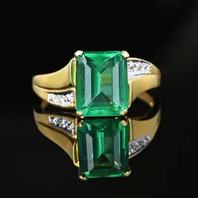 Vintage 3.25 Carat Step Cut Emerald Diamond Accent Ring in Gold