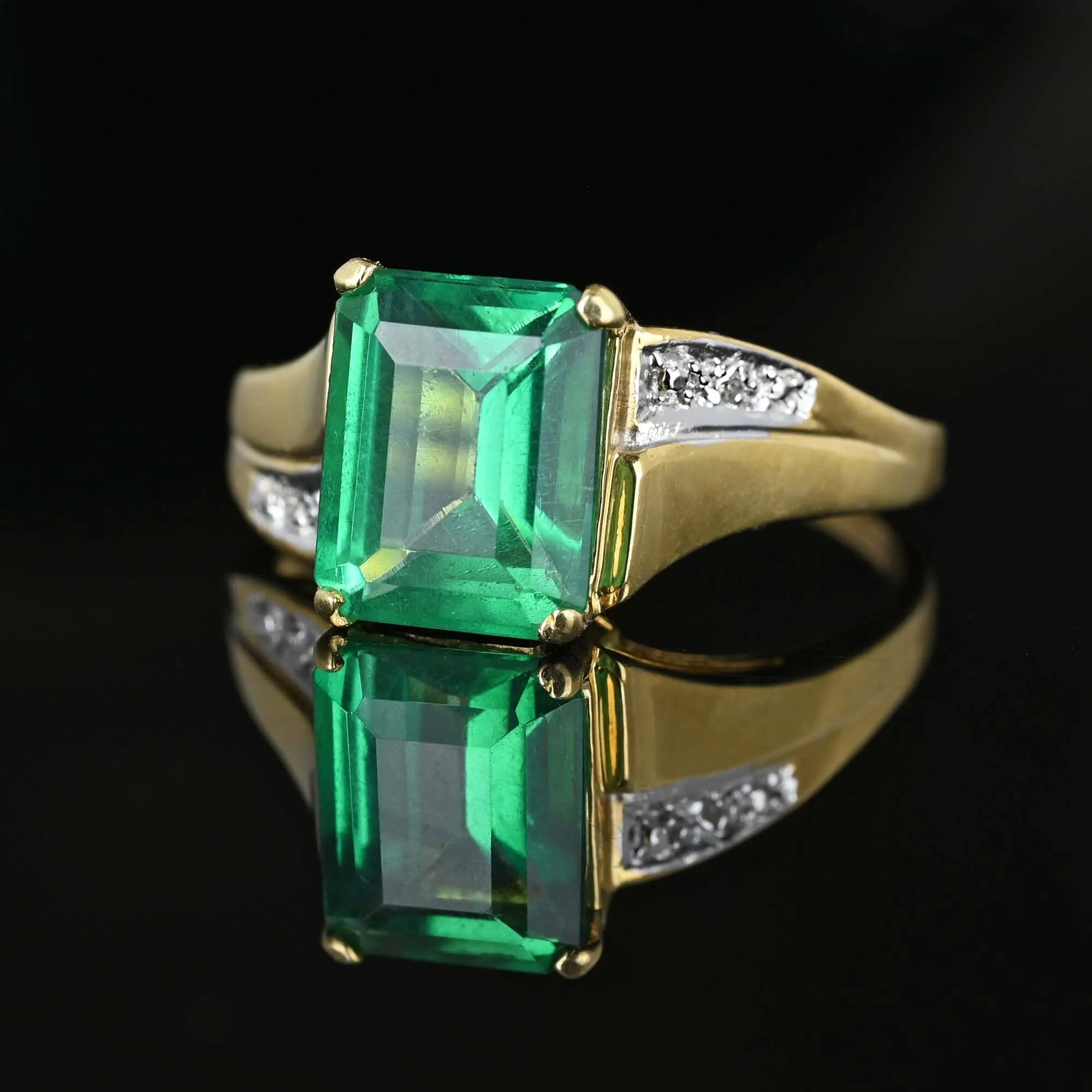 Vintage 3.25 Carat Step Cut Emerald Diamond Accent Ring in Gold