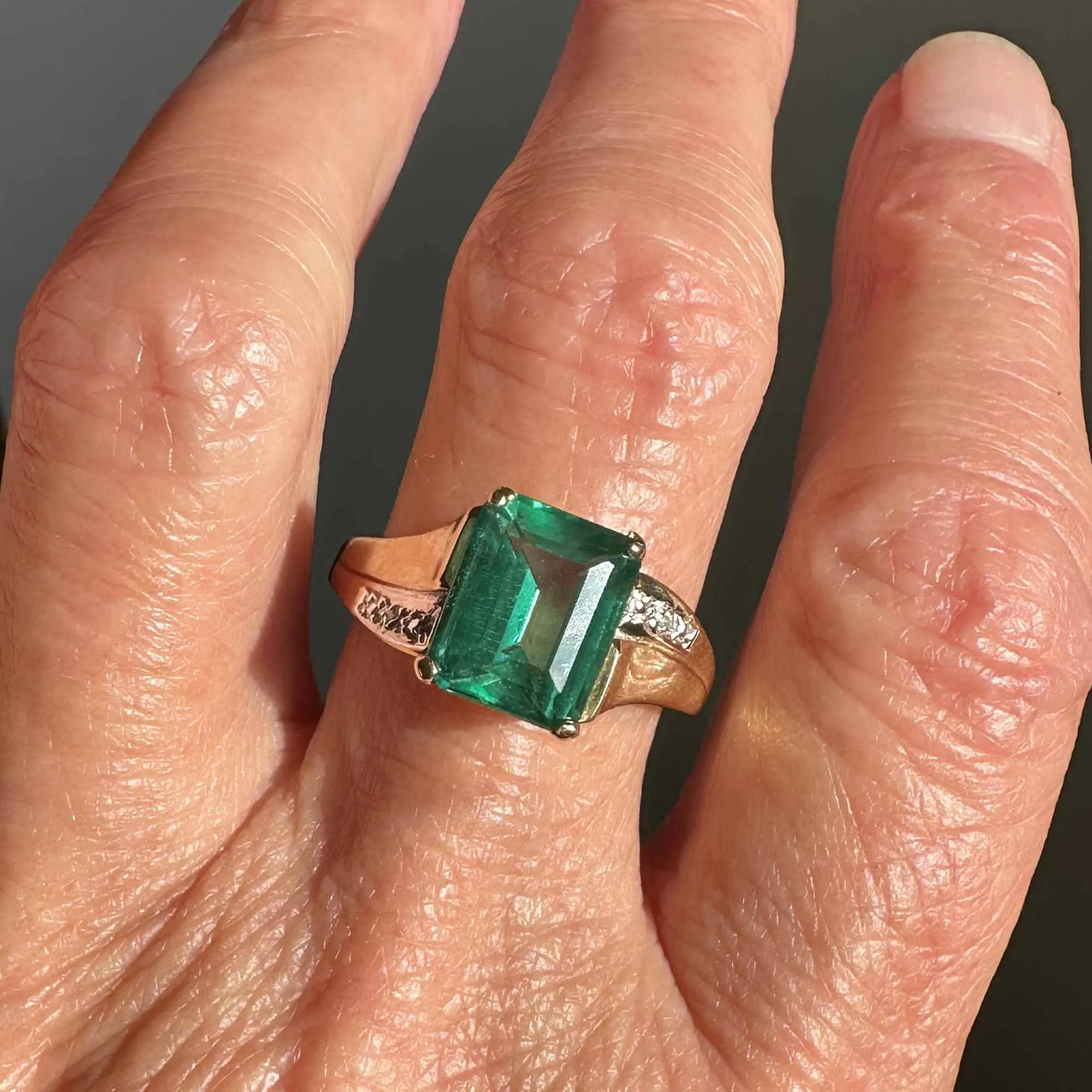 Vintage 3.25 Carat Step Cut Emerald Diamond Accent Ring in Gold