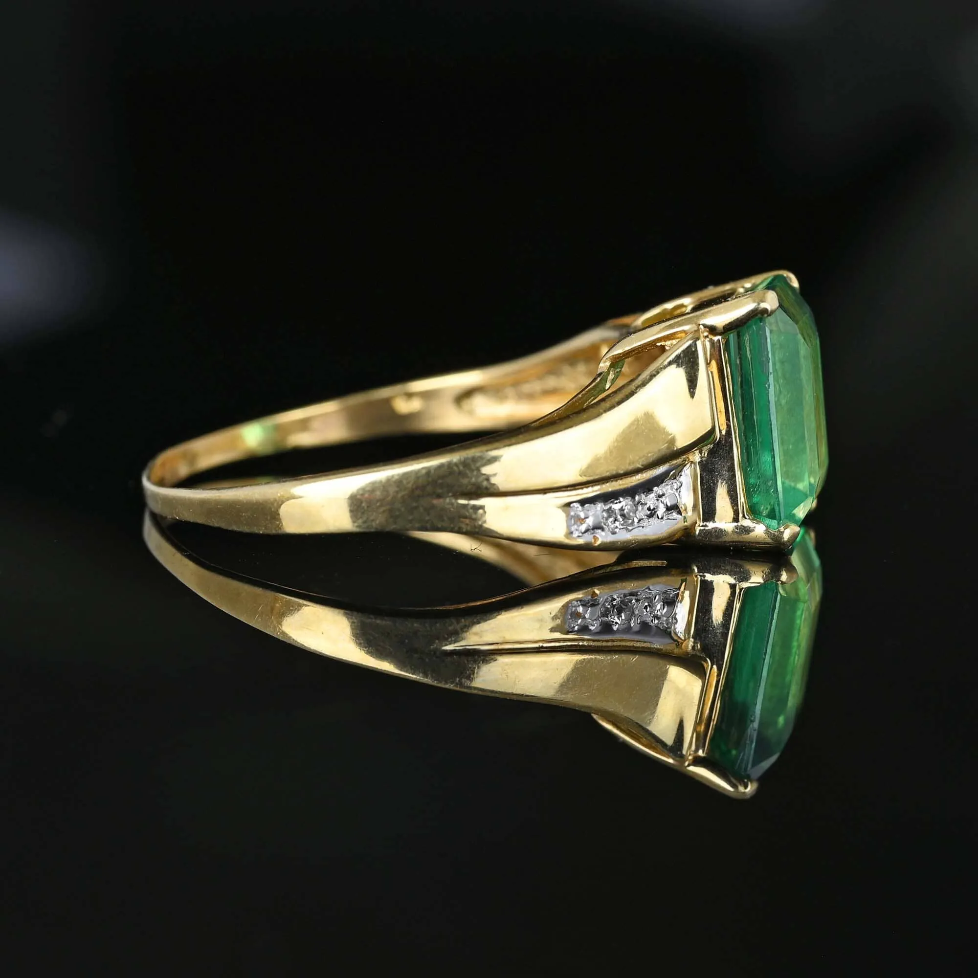 Vintage 3.25 Carat Step Cut Emerald Diamond Accent Ring in Gold