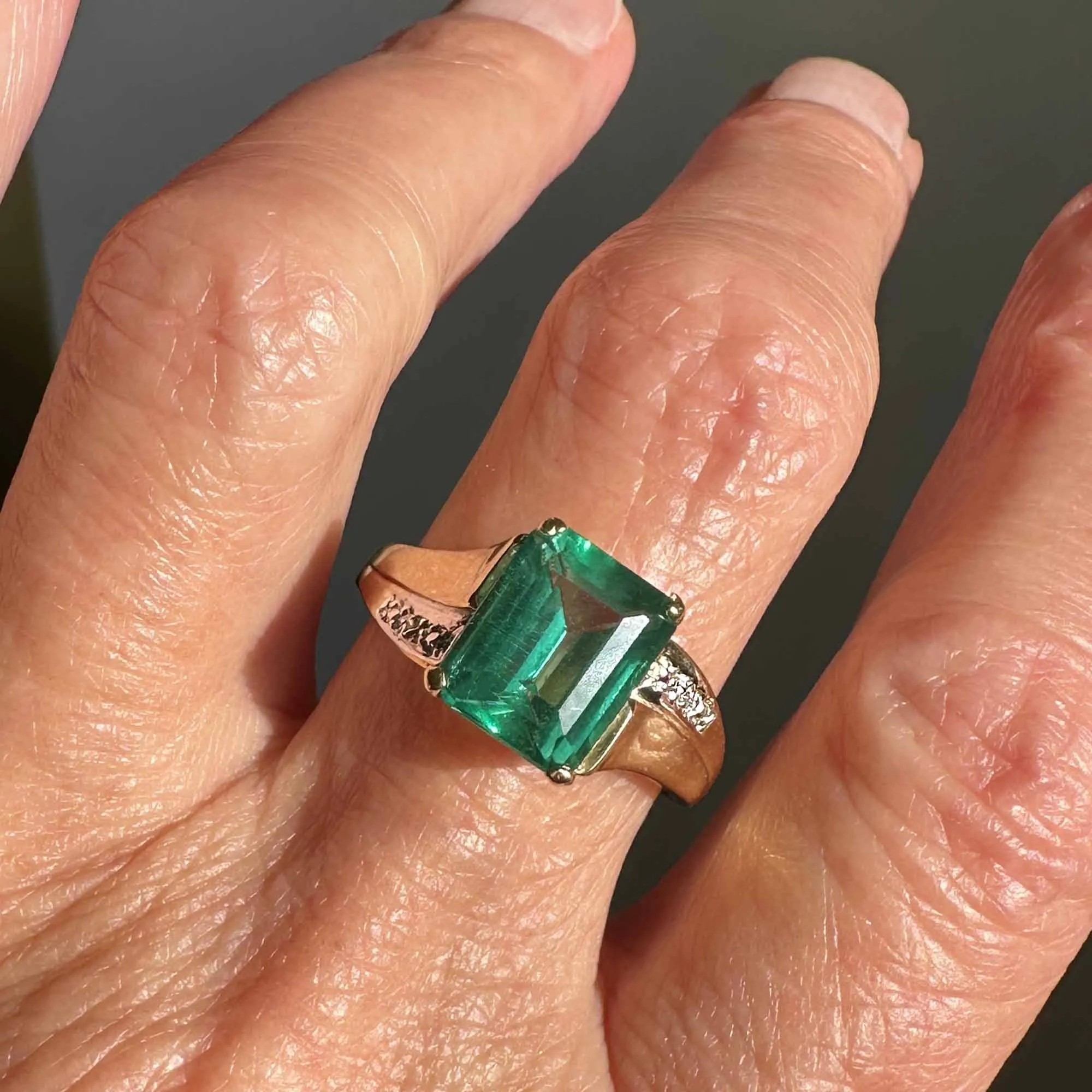 Vintage 3.25 Carat Step Cut Emerald Diamond Accent Ring in Gold