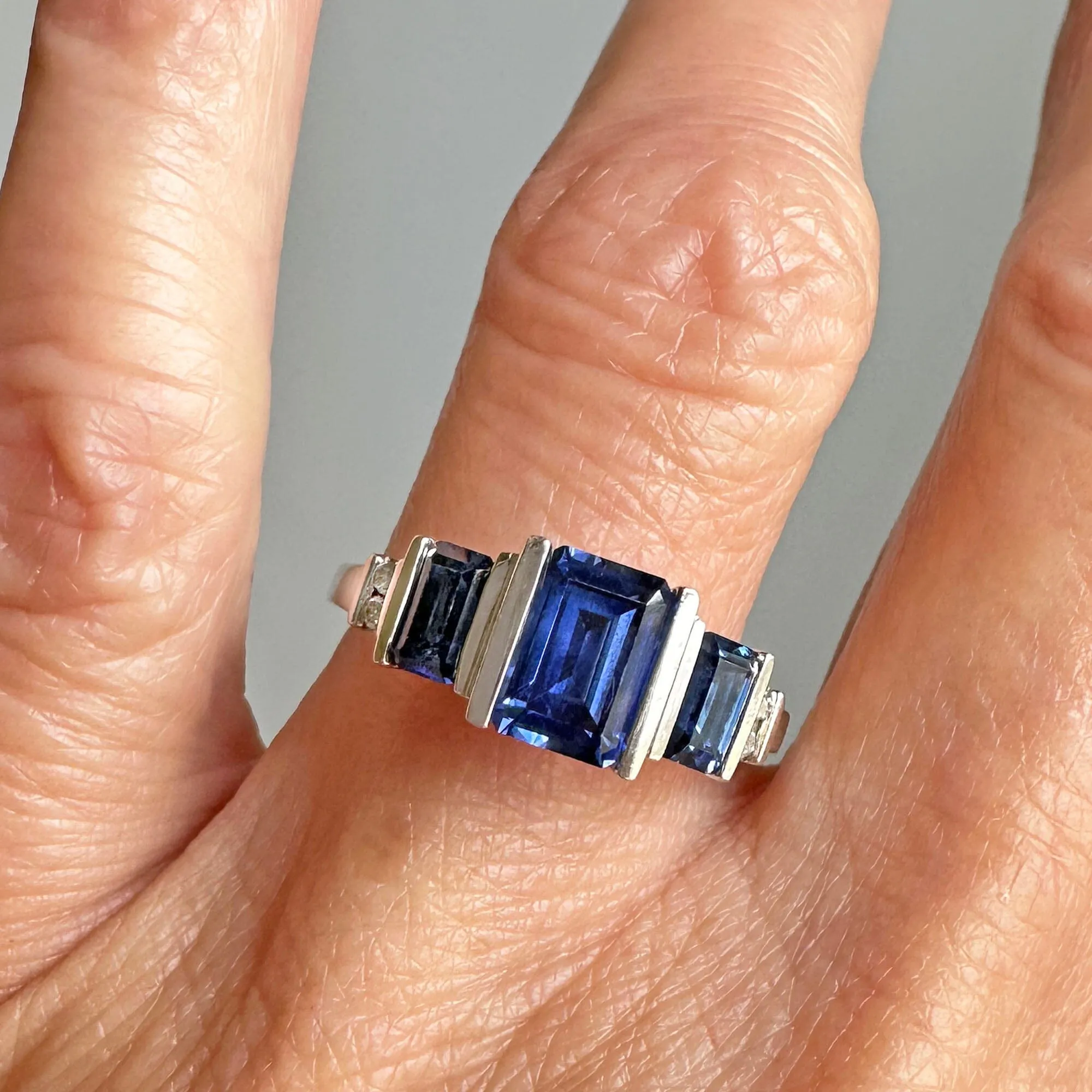 Vintage Diamond Accent Three Stone Sapphire Ring