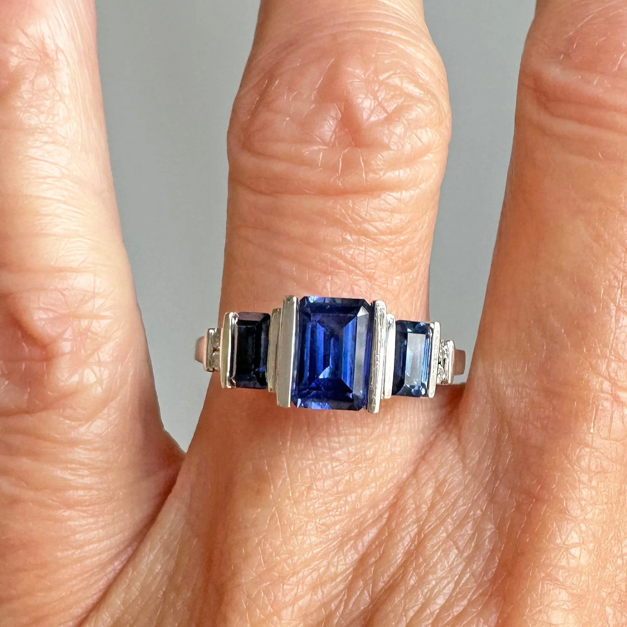 Vintage Diamond Accent Three Stone Sapphire Ring