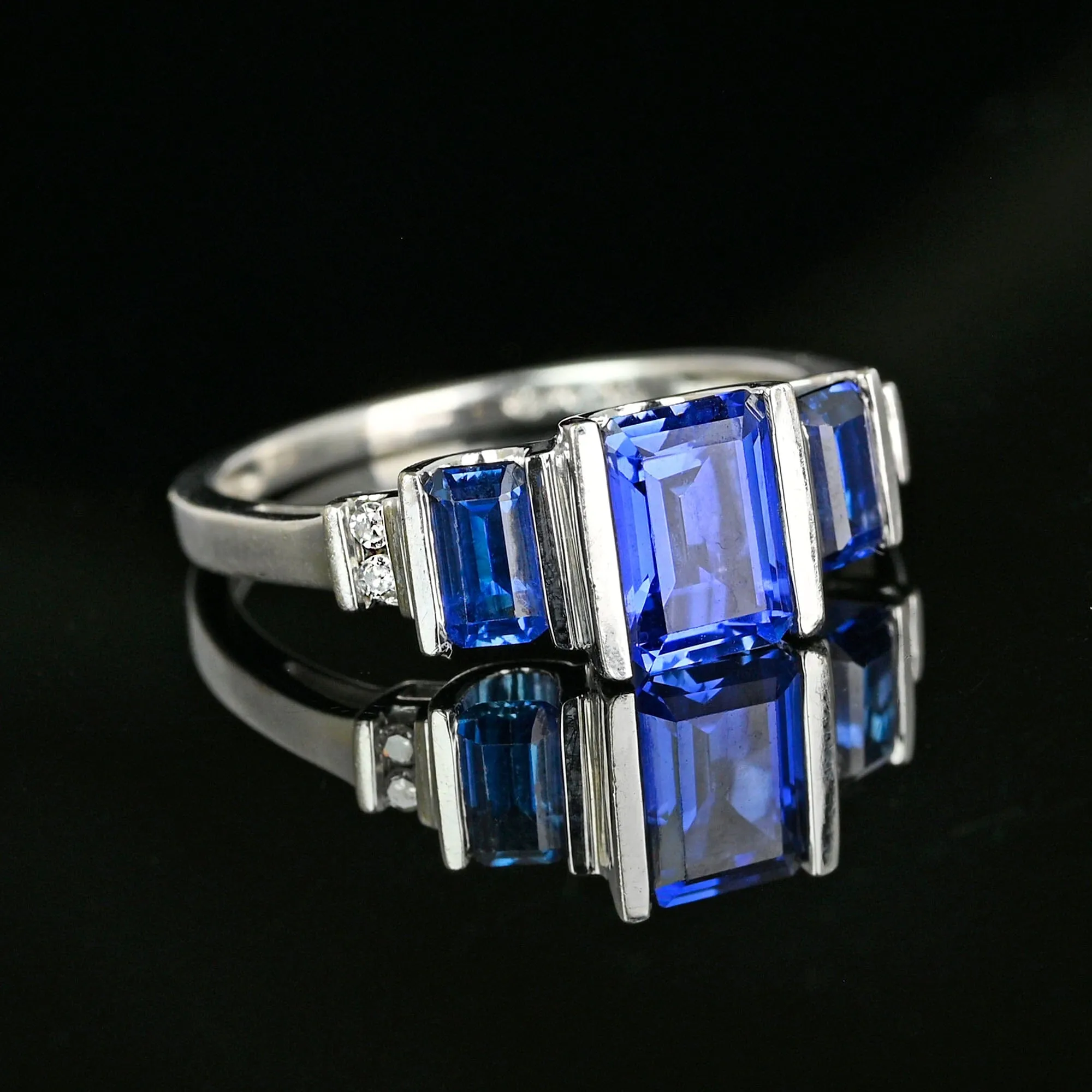 Vintage Diamond Accent Three Stone Sapphire Ring