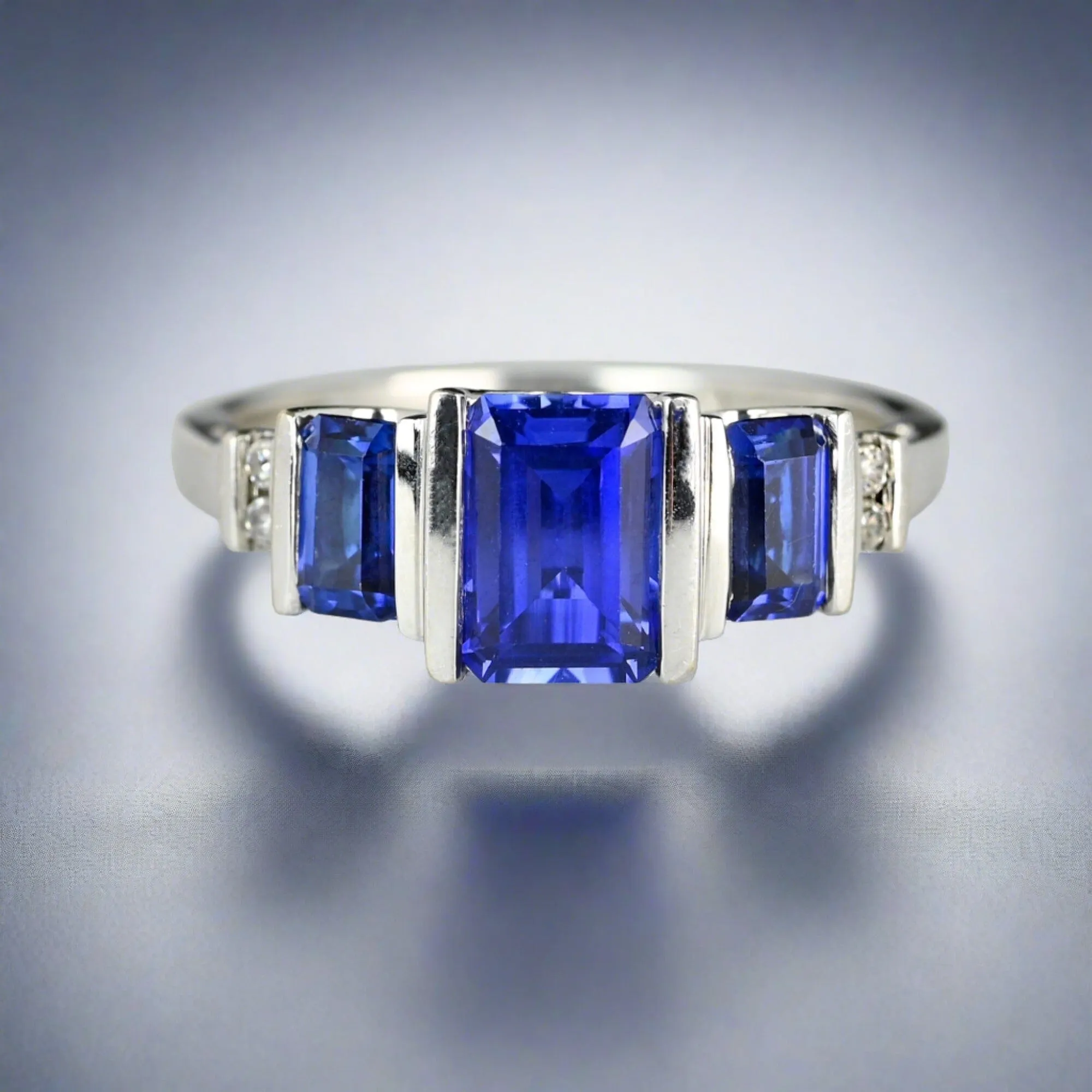 Vintage Diamond Accent Three Stone Sapphire Ring