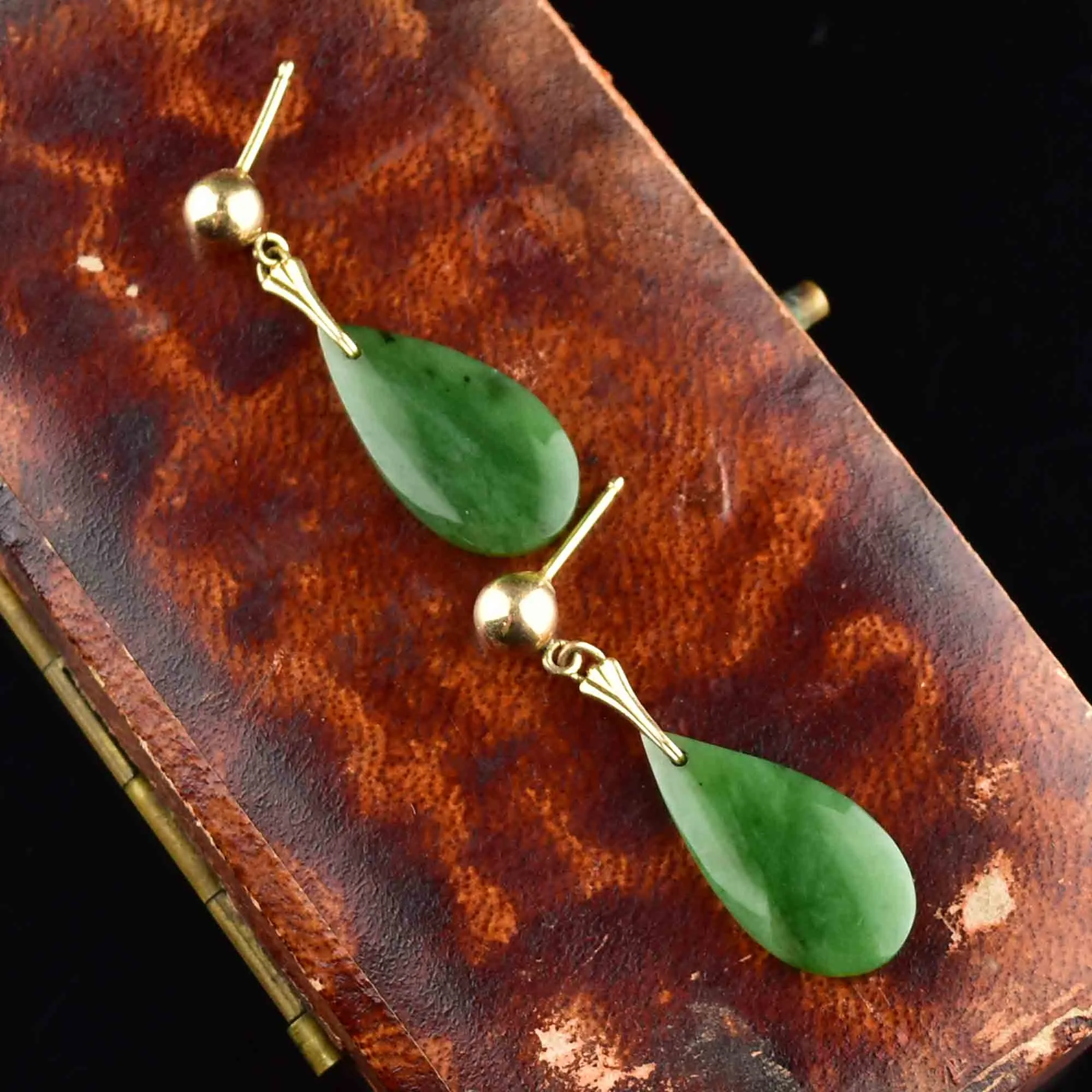 Vintage Jade Teardrop Earrings in 14K Gold