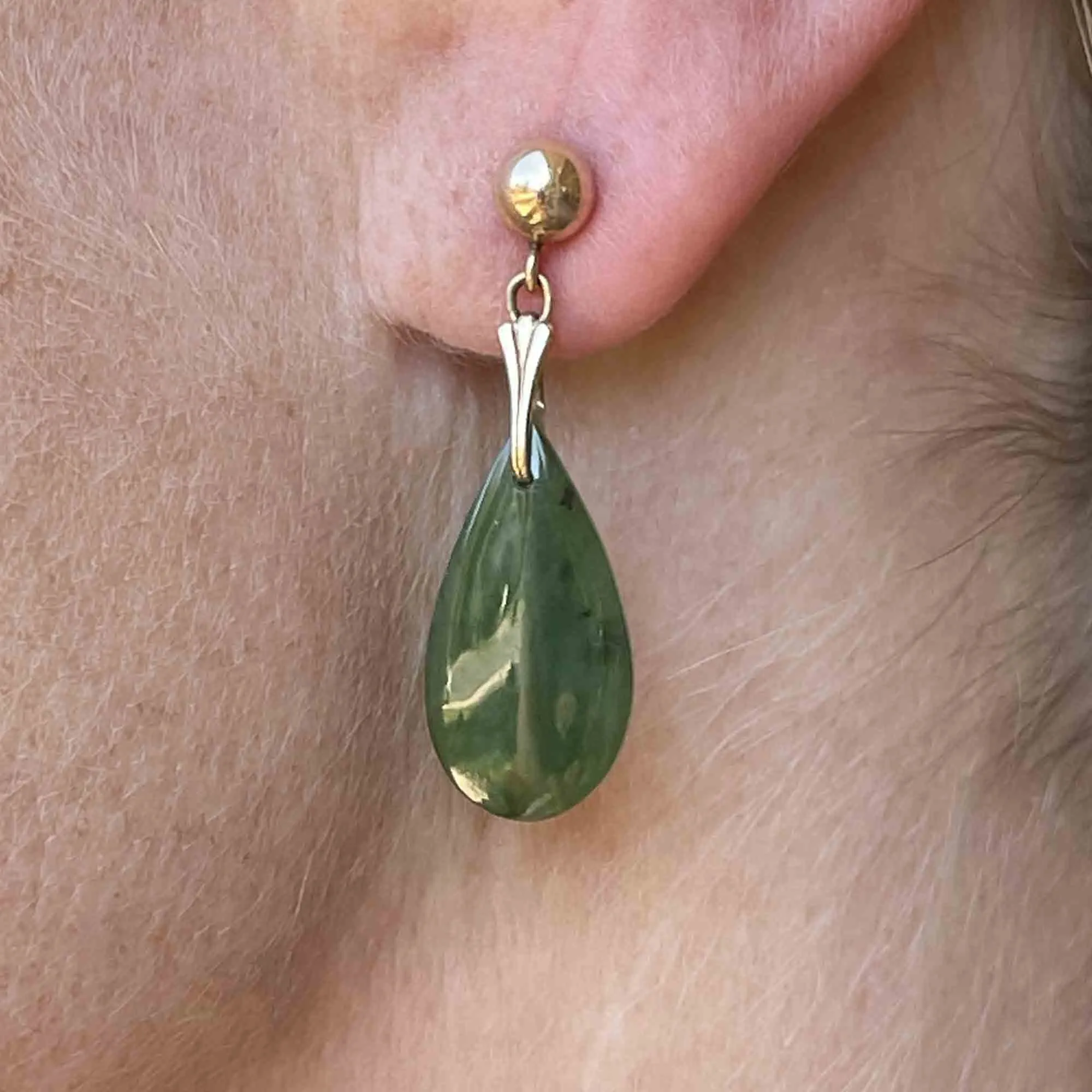 Vintage Jade Teardrop Earrings in 14K Gold