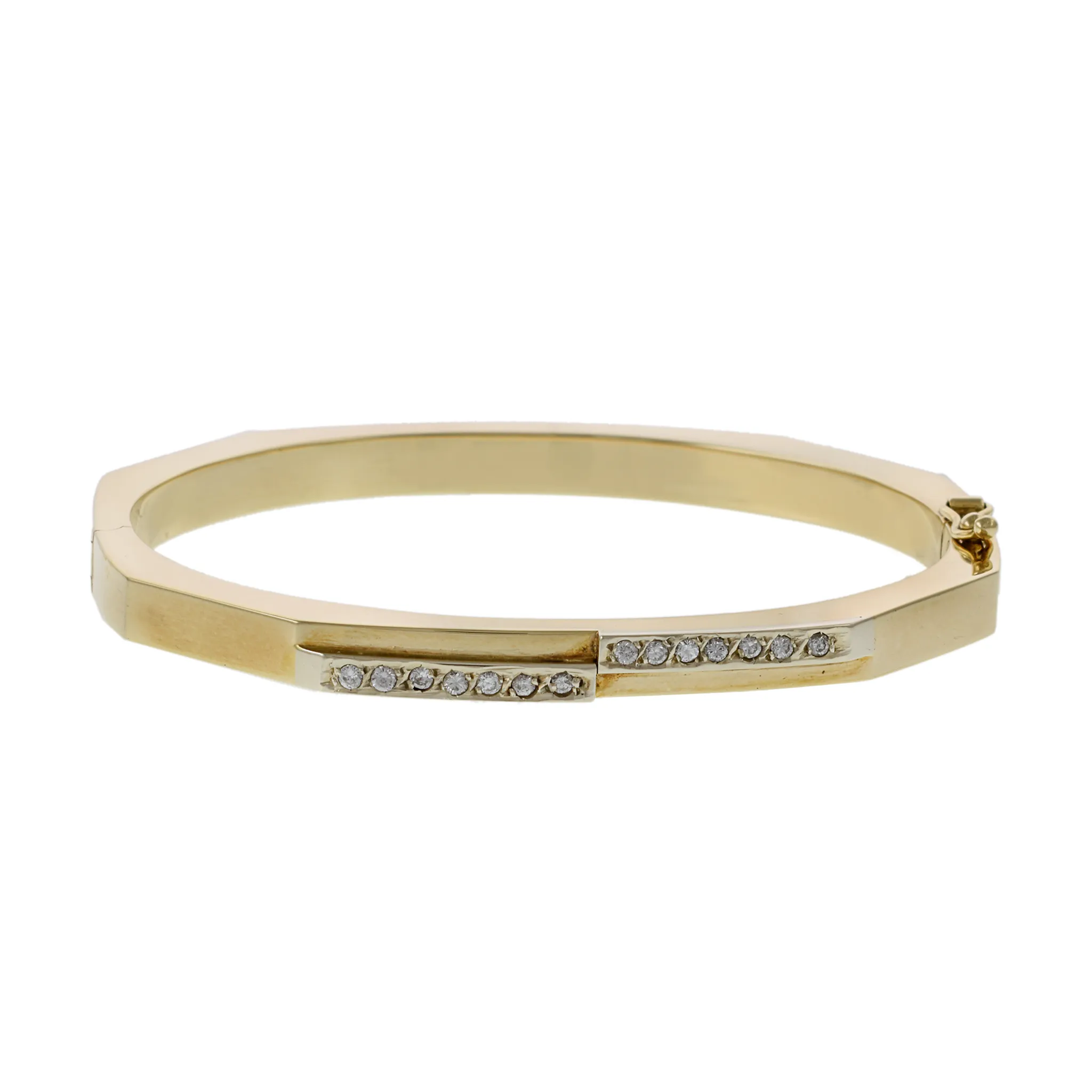 Vintage Retro Era 14KT Yellow Gold and Round Cut Diamonds Square Bangle