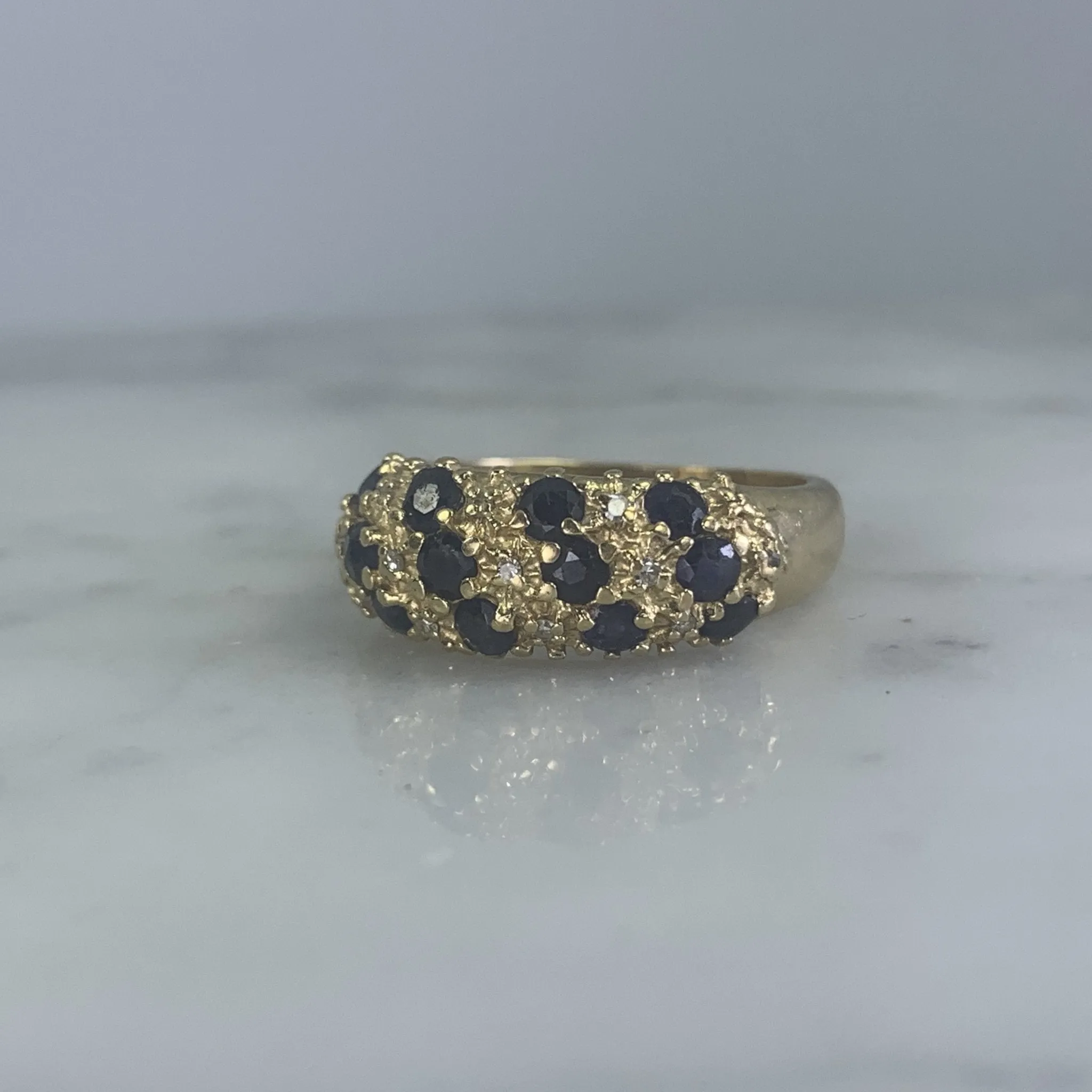 Vintage Sapphire and Diamond Ring set in 14k Yellow Gold. Unique Wedding Band. September's Birthstone.