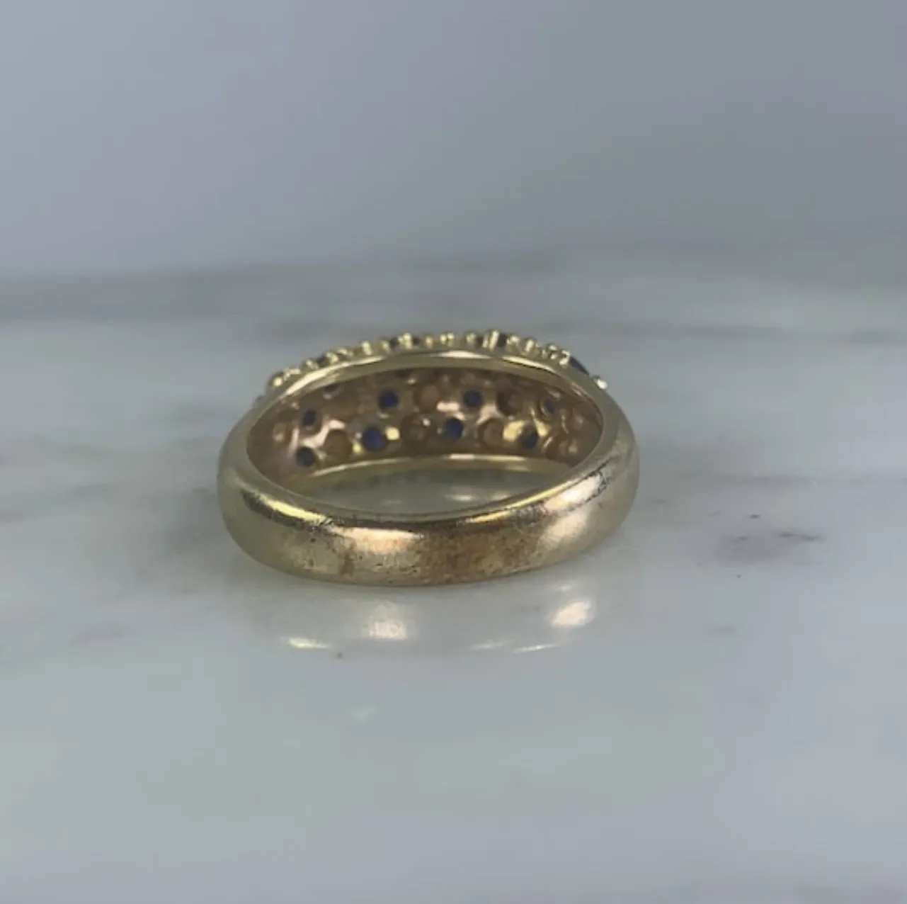 Vintage Sapphire and Diamond Ring set in 14k Yellow Gold. Unique Wedding Band. September's Birthstone.