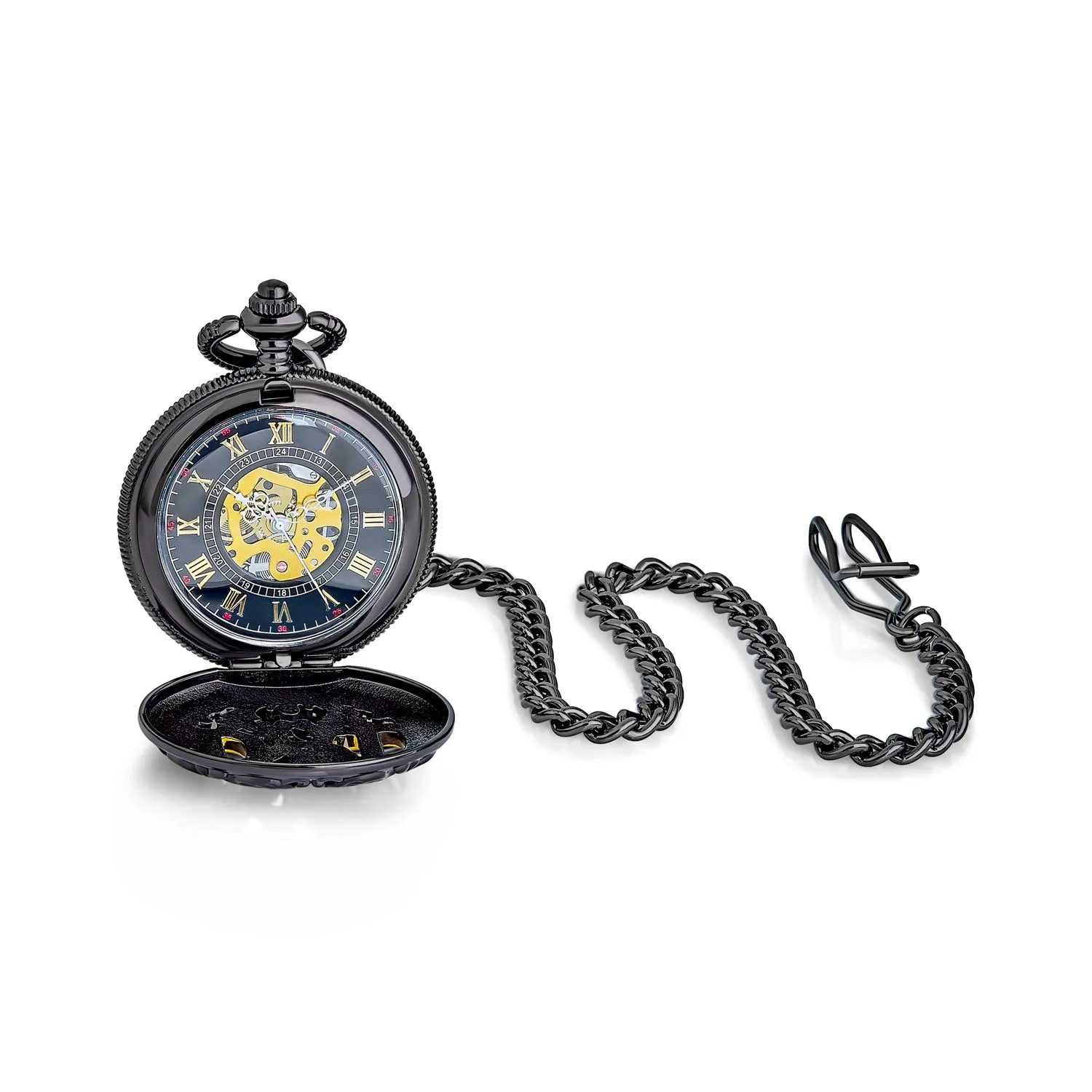 Vintage Style Open Face DAD Pocket Watch for Men with Skeleton Dial and Chain