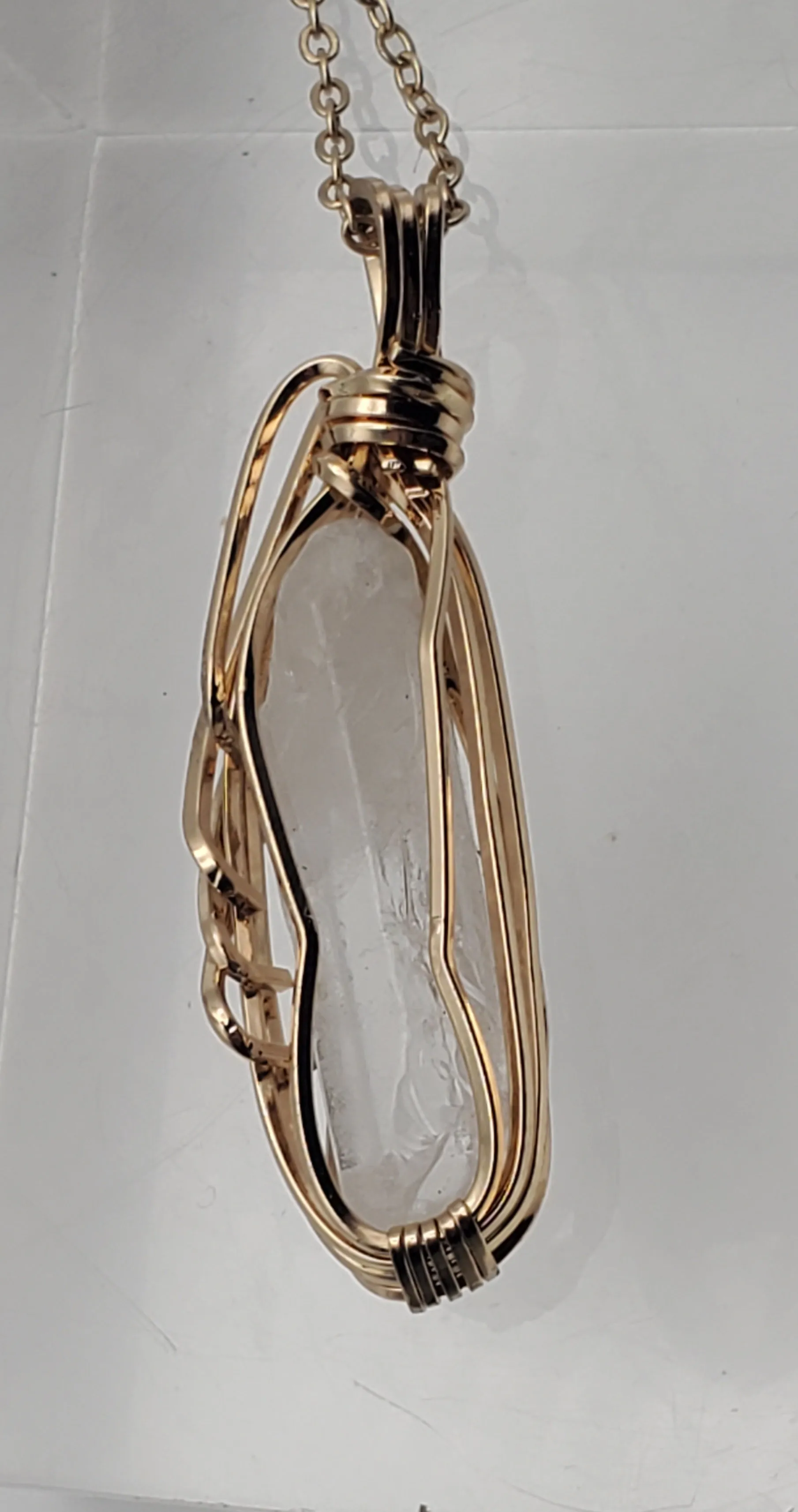 Vintage Wire Wrapped Quartz Crystal Point Pendant on Chain Necklace