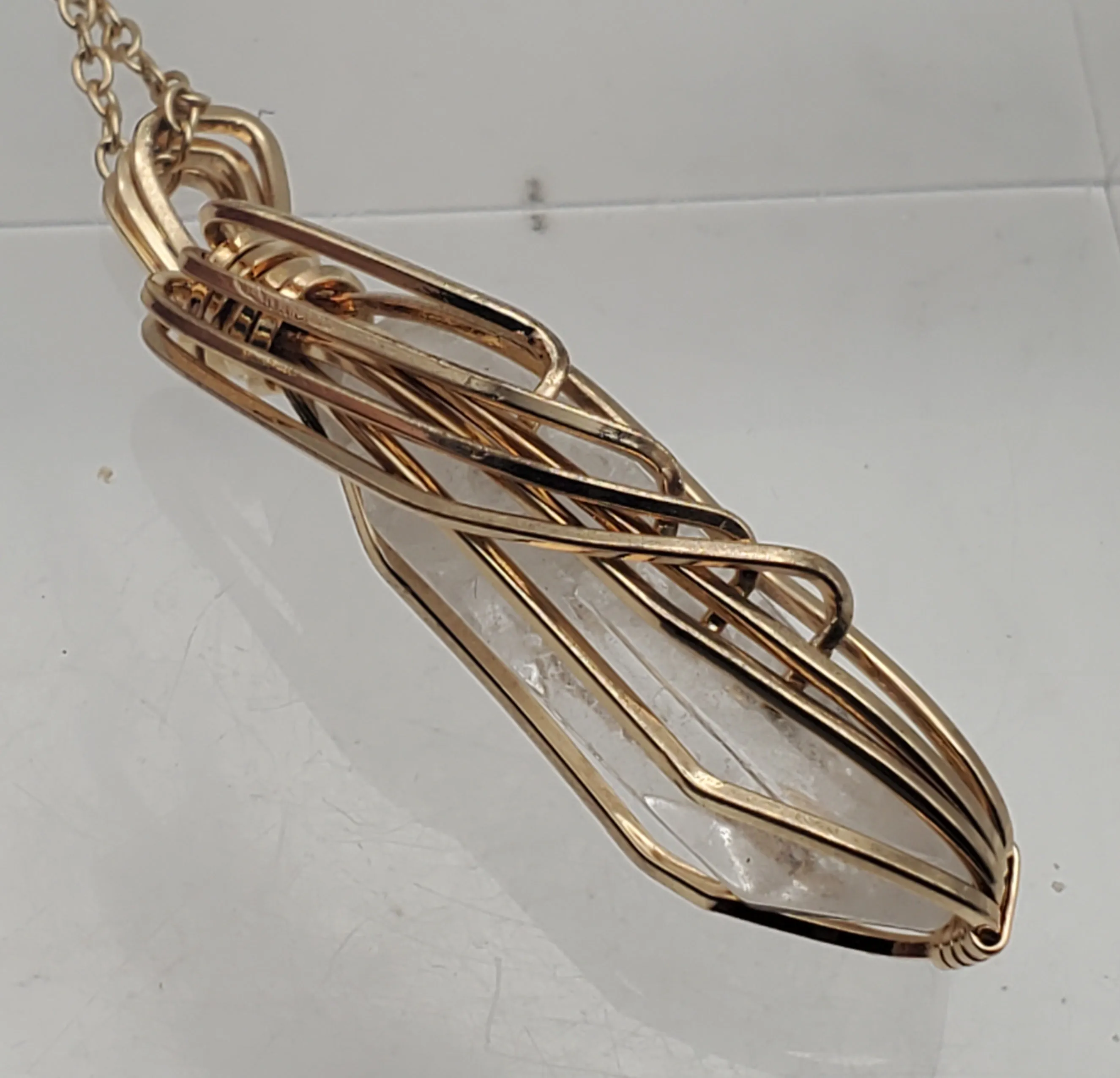 Vintage Wire Wrapped Quartz Crystal Point Pendant on Chain Necklace