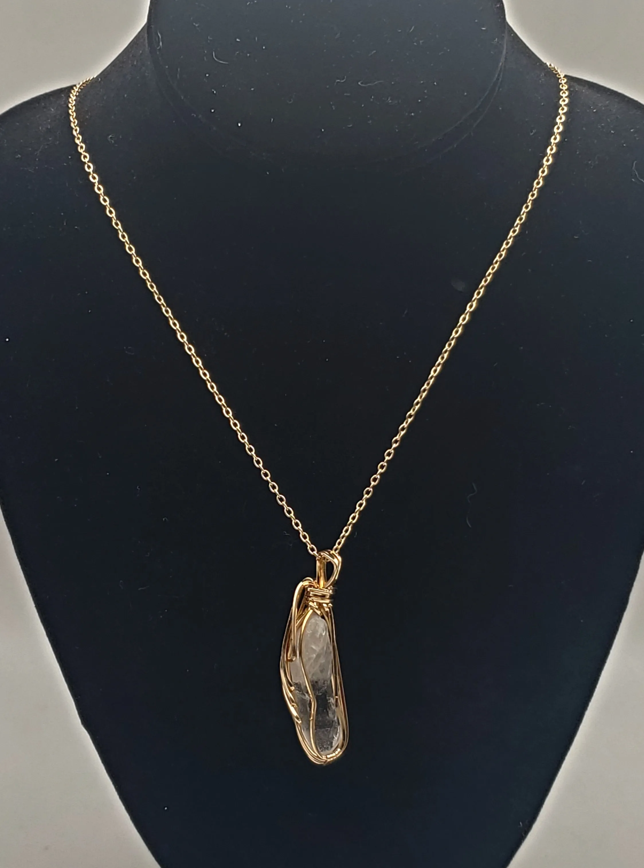 Vintage Wire Wrapped Quartz Crystal Point Pendant on Chain Necklace