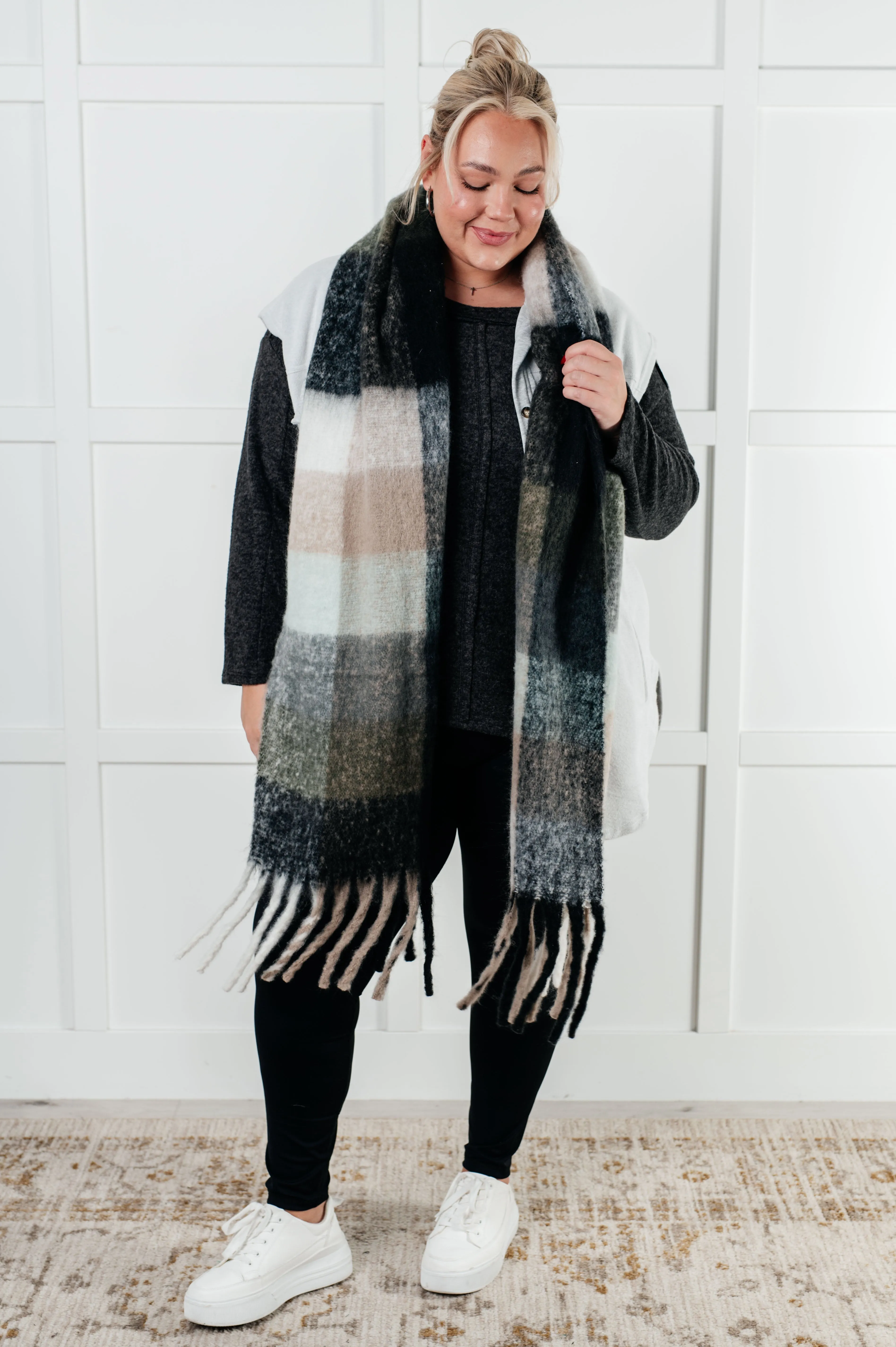 Wanderlust Wrap Oversized Plaid Fringe Scarf in Grey and Jade