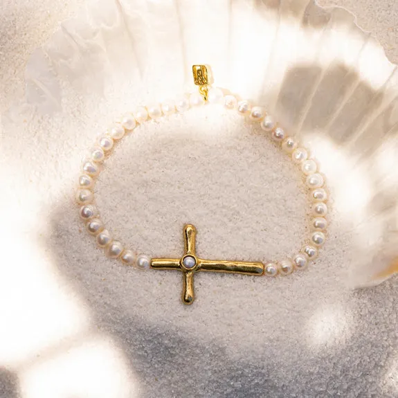 Waxing Poetic ~ Petite Cross Pearl Stretch Bracelet