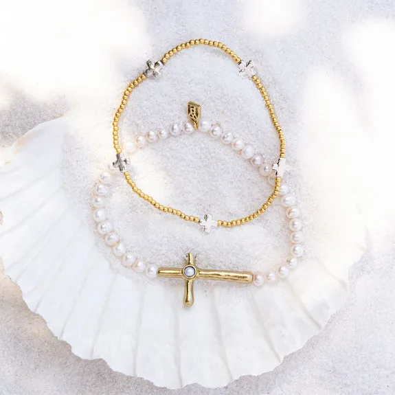 Waxing Poetic ~ Petite Cross Pearl Stretch Bracelet