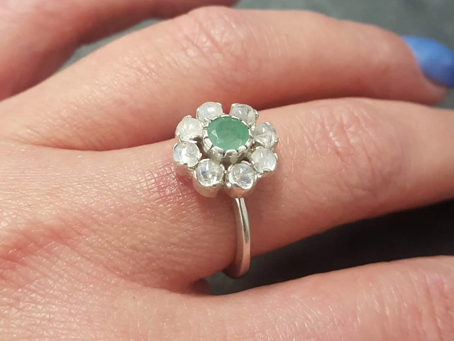 White Flower Ring - Real Emerald Ring - Flower Moonstone Ring