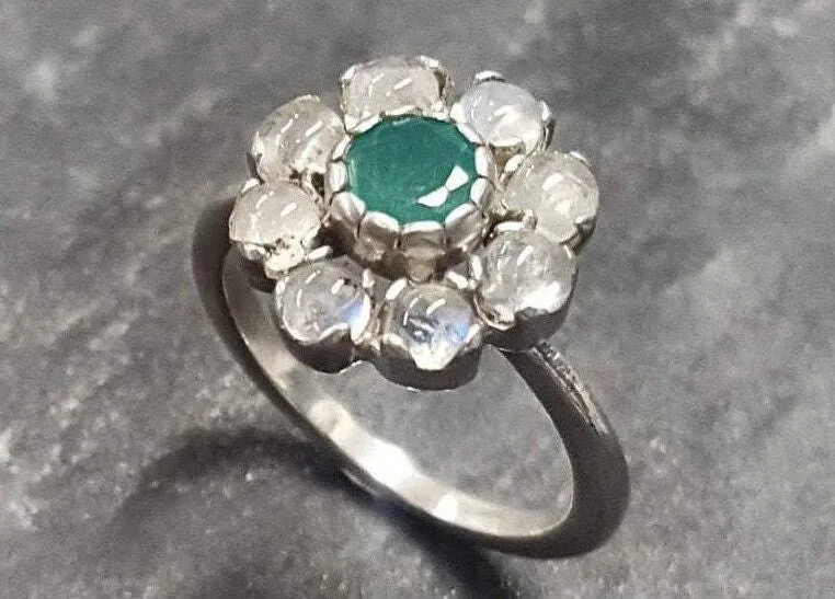 White Flower Ring - Real Emerald Ring - Flower Moonstone Ring