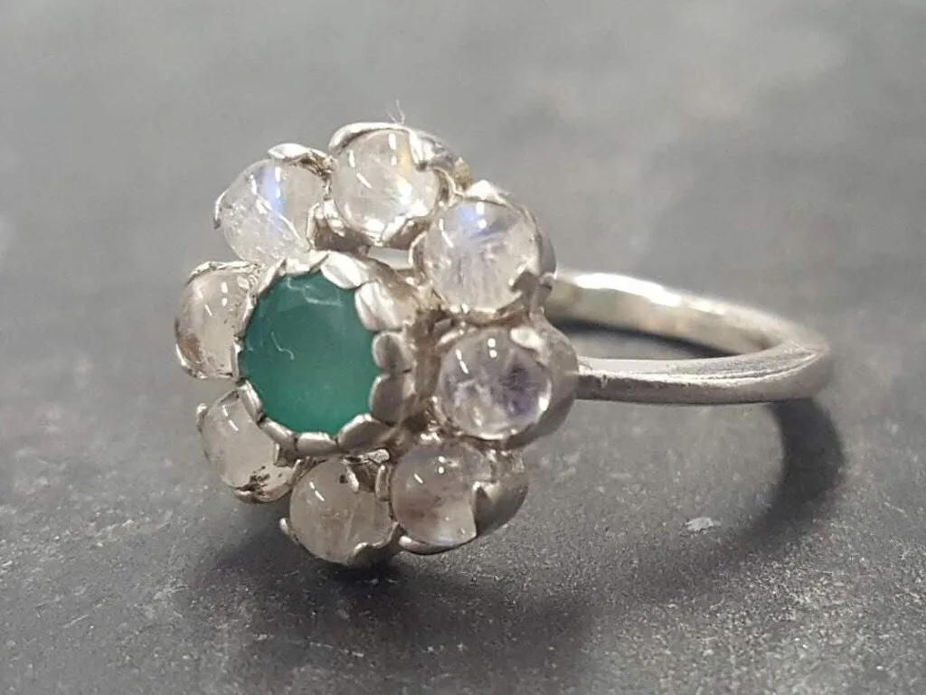 White Flower Ring - Real Emerald Ring - Flower Moonstone Ring